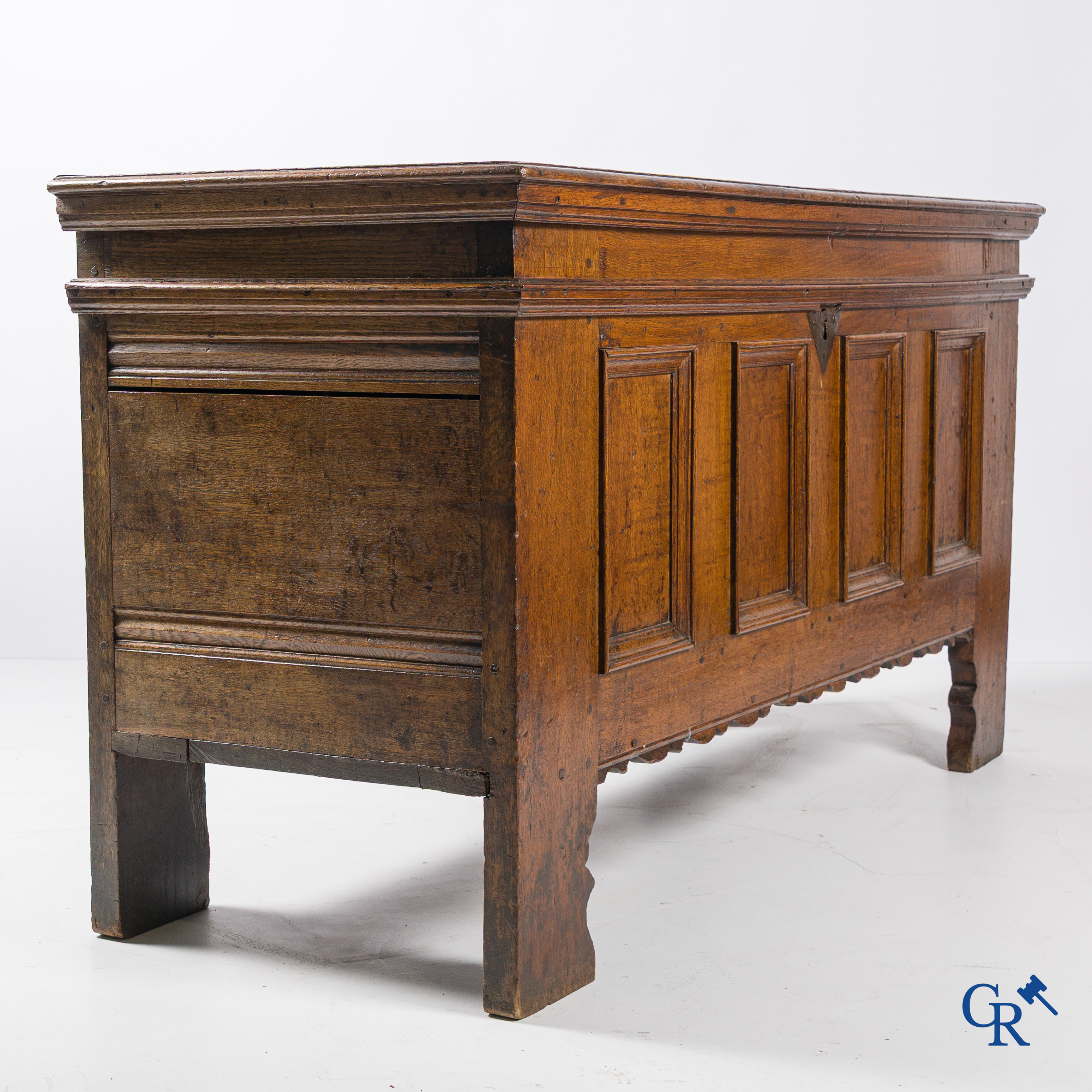 Oak trunk with original wrought iron lock work. Beautiful patina. 18th century.