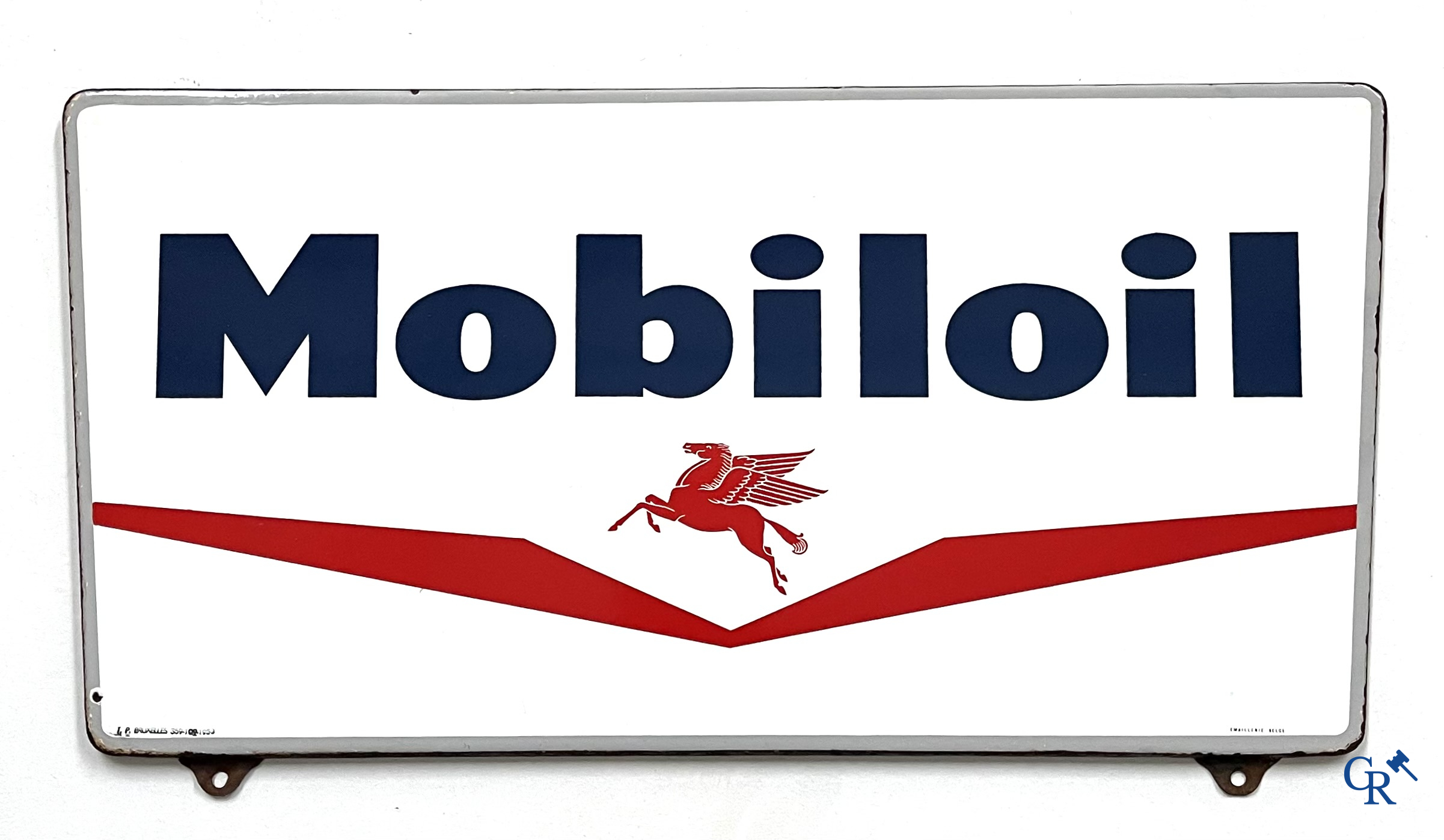 Mobiloil, Enamel advertising sign with grey border and the Mobiloil Pegasus. Emaillerie Belge, T.P. Bruxelles 1953.