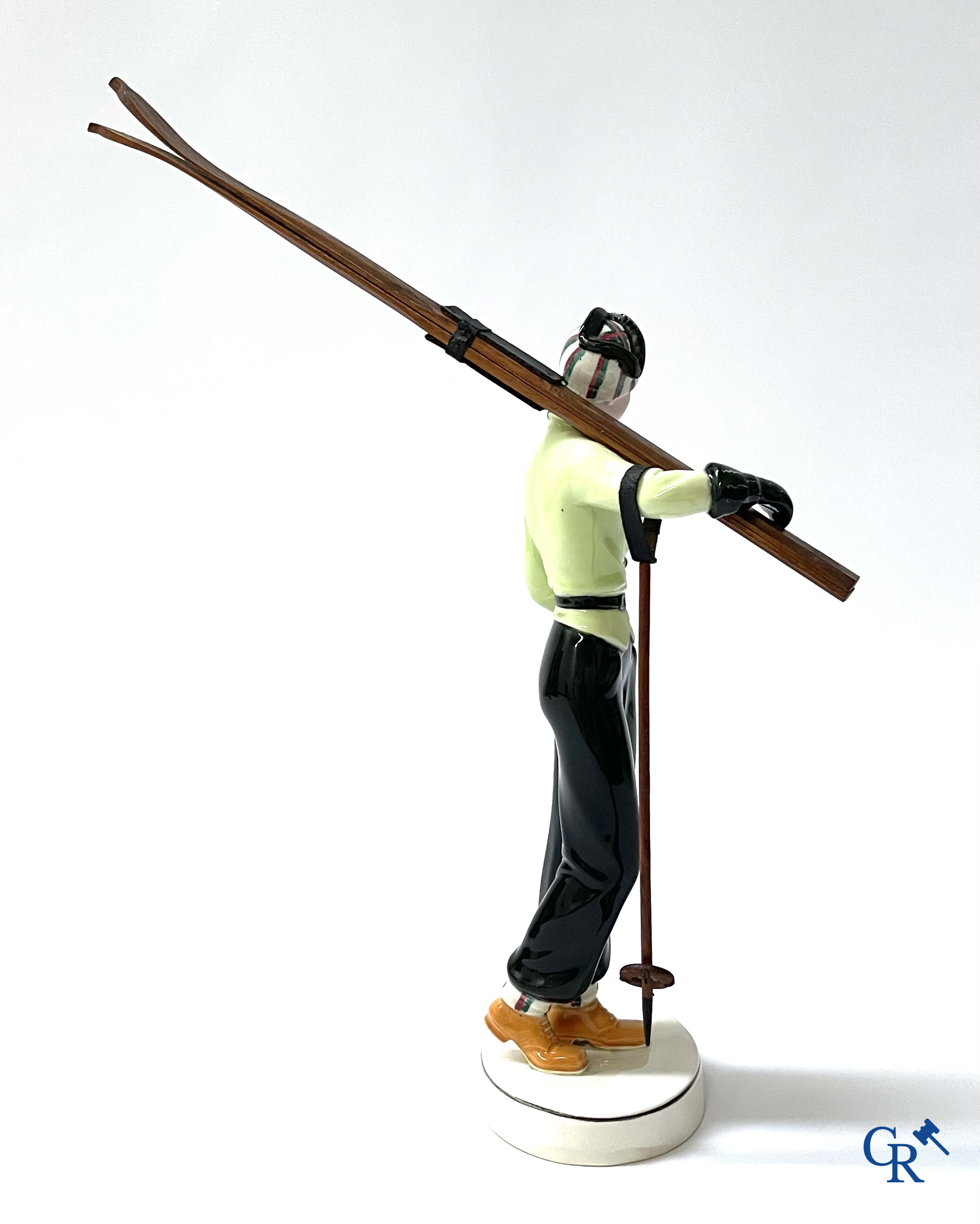 Hertwig en Company, Katzhütte, Thuringia. A skier in fine polychrome and glazed pottery. Circa 1930.
