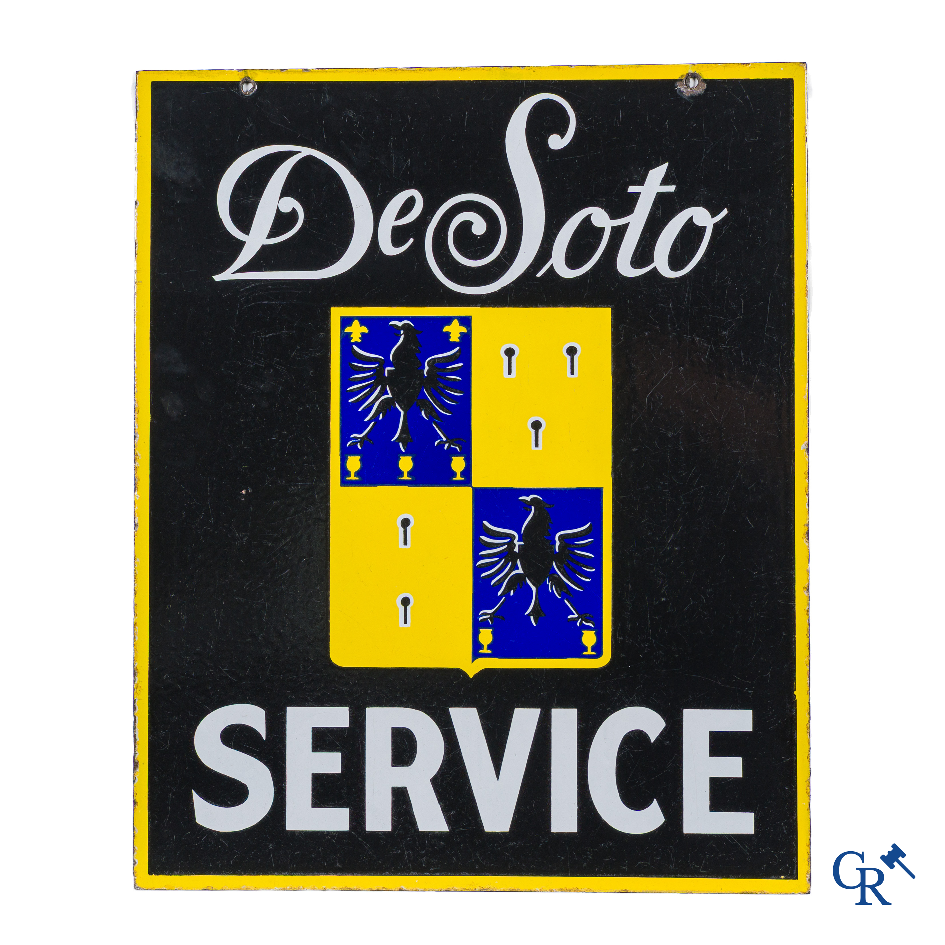 Automobilia. DeSoto Service, rare double-sided enamel sign for the car brand DeSoto. Circa 1930.