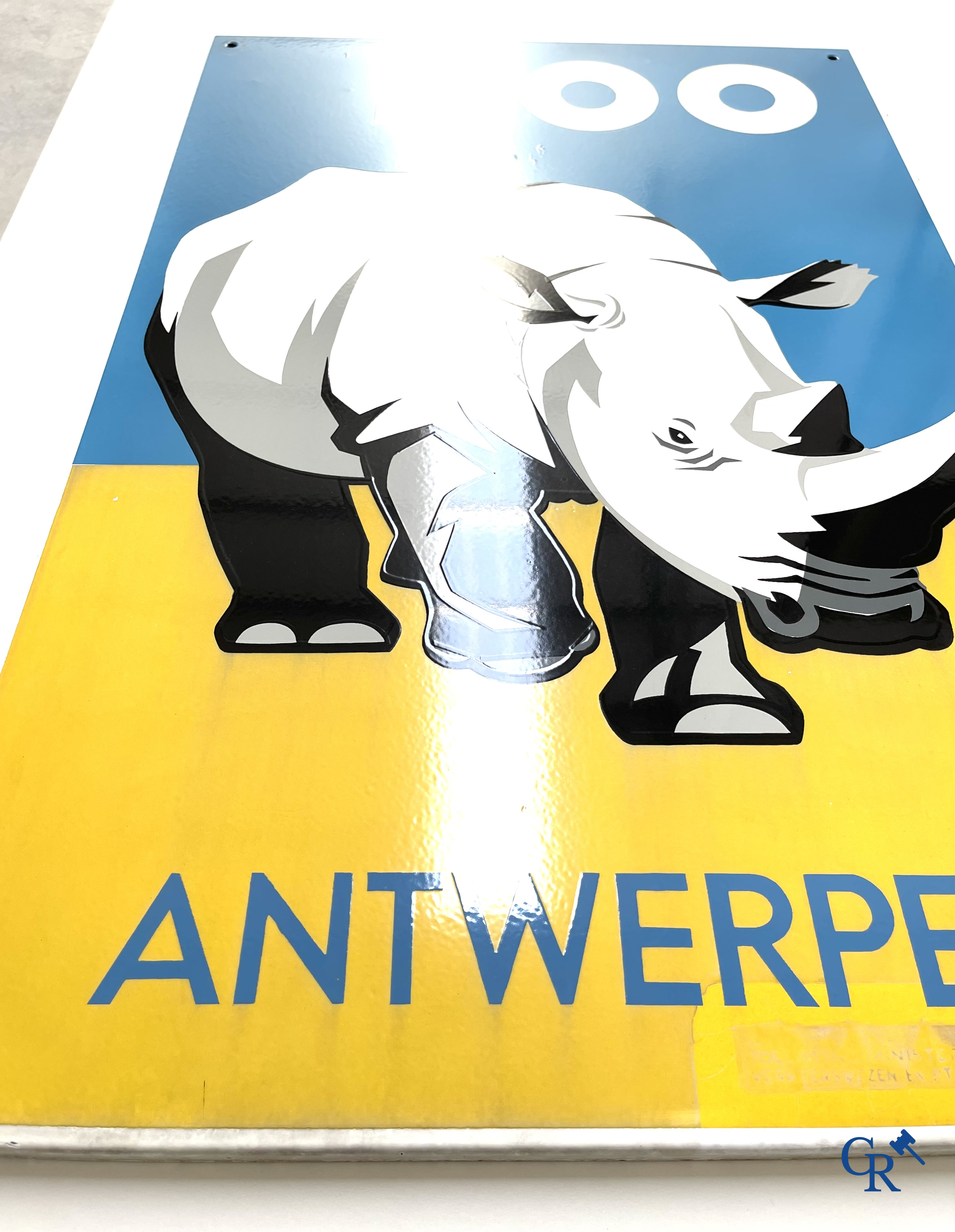 Zoo Antwerpen, Enamel advertising sign with a rhino for the Antwerp Zoo. Emaillerie Crahait, Gosselies, 1968.