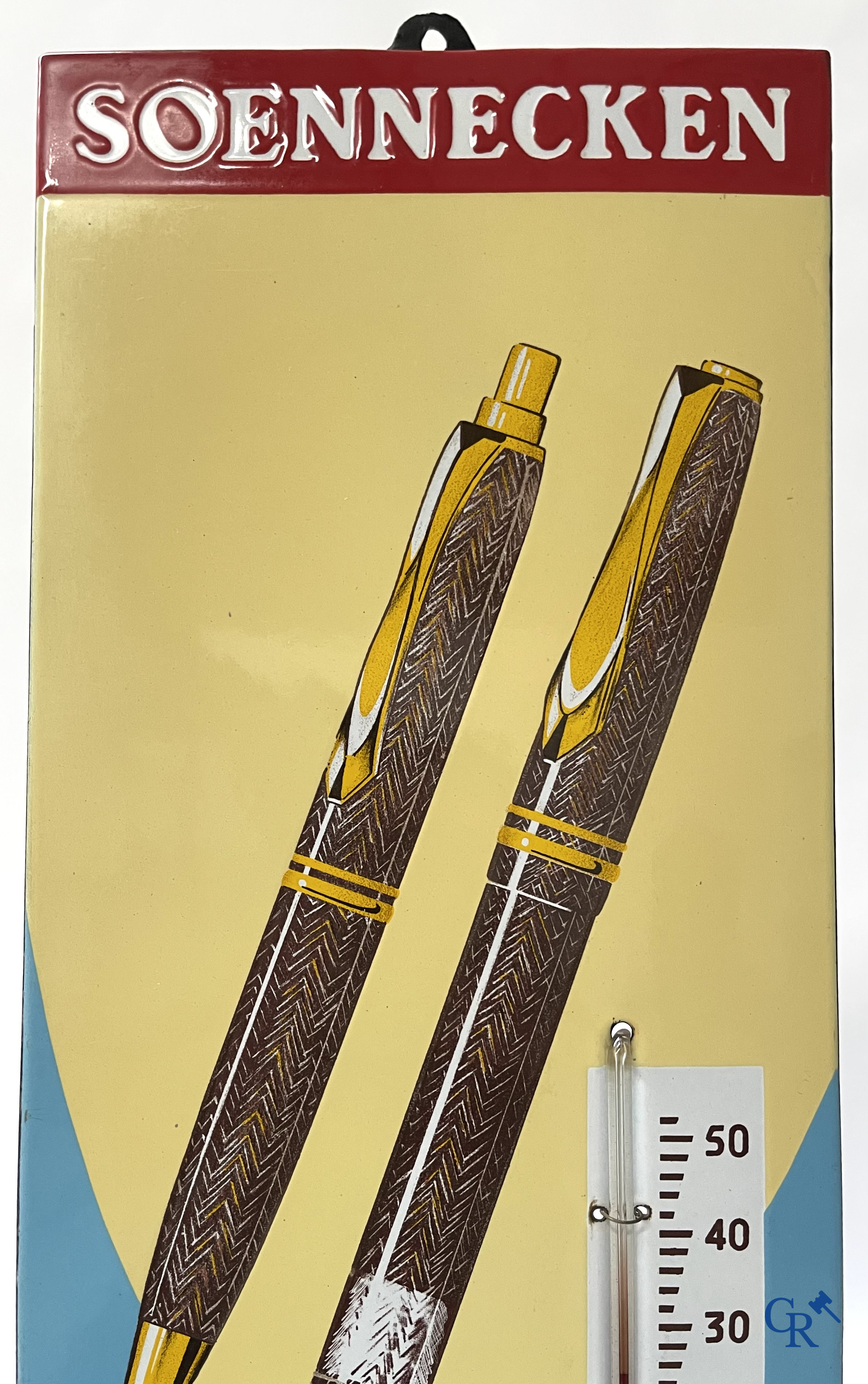 Soennecken "The Perfection" Enamel advertising thermometer for ballpoint pens and fountain pens. Emaillerie Belge. 1950's.