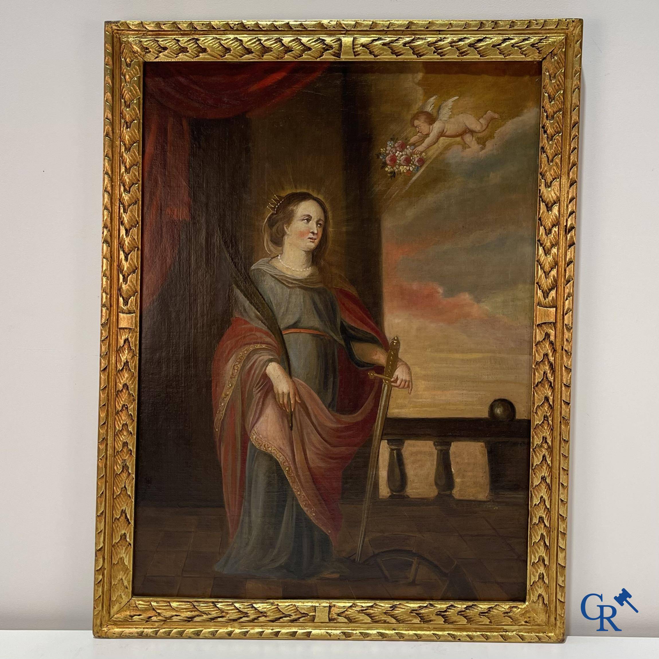 Religious painting, Saint Catherine with angel, oil on canvas 18th century.