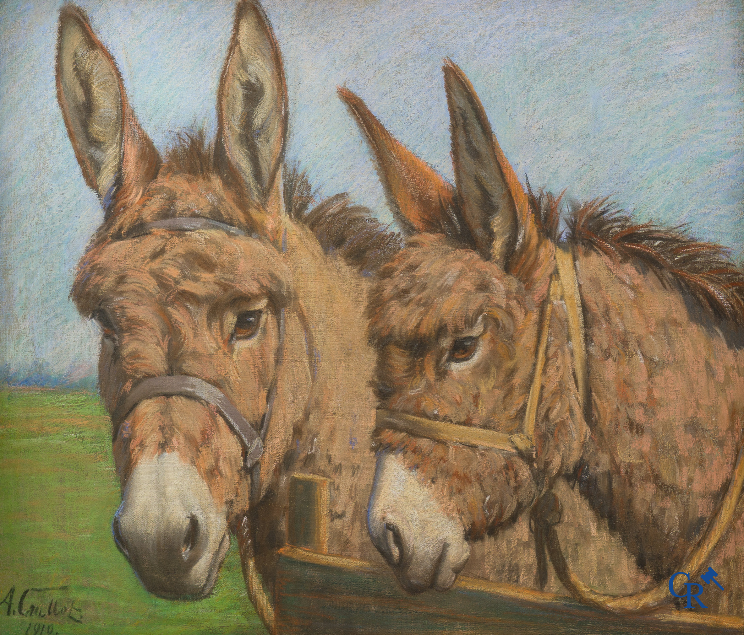 Albert Caullet. 2 donkeys at the fence. Pastel chalk on canvas. Signed and dated lower left, A. Caullet 1910.