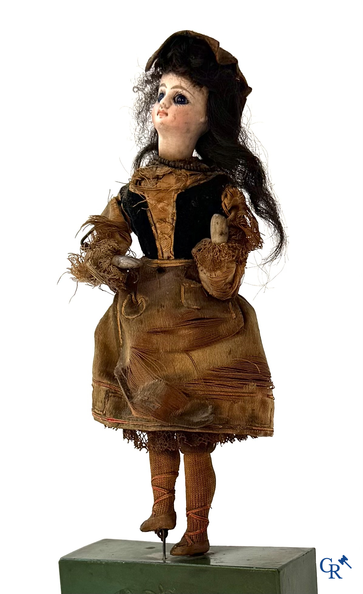 Old toys, automaton with music, doll with head in biscuit on painted music box, French work circa 1910.