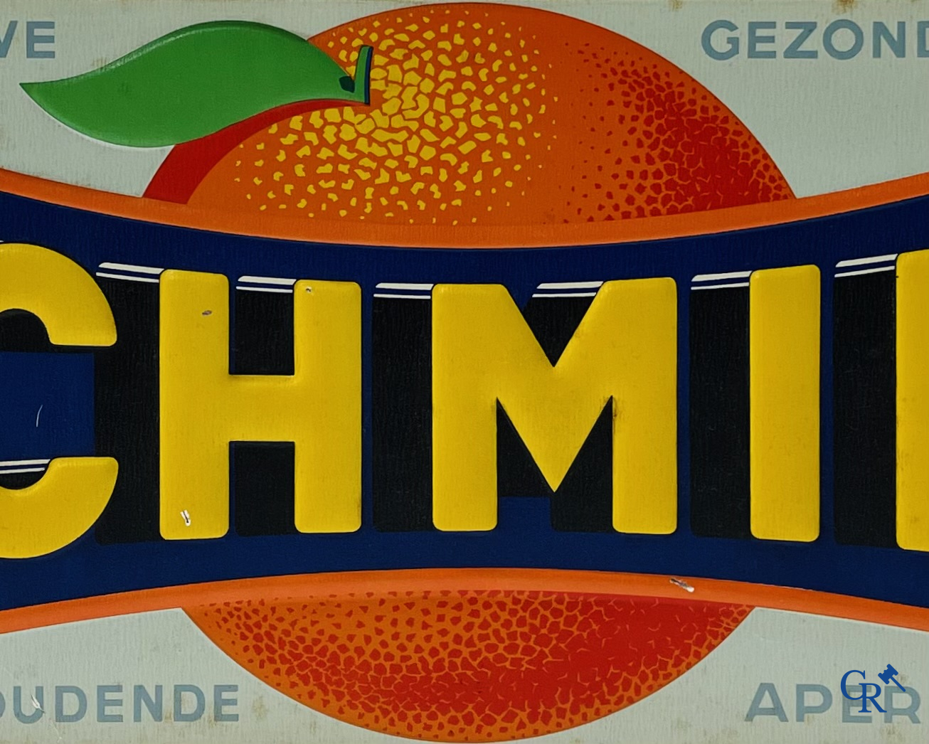 Schmidt, wijnhoudende aperitief. "For your health" Publicity sign in painted metal. Jofico, Bruxelles 1935.