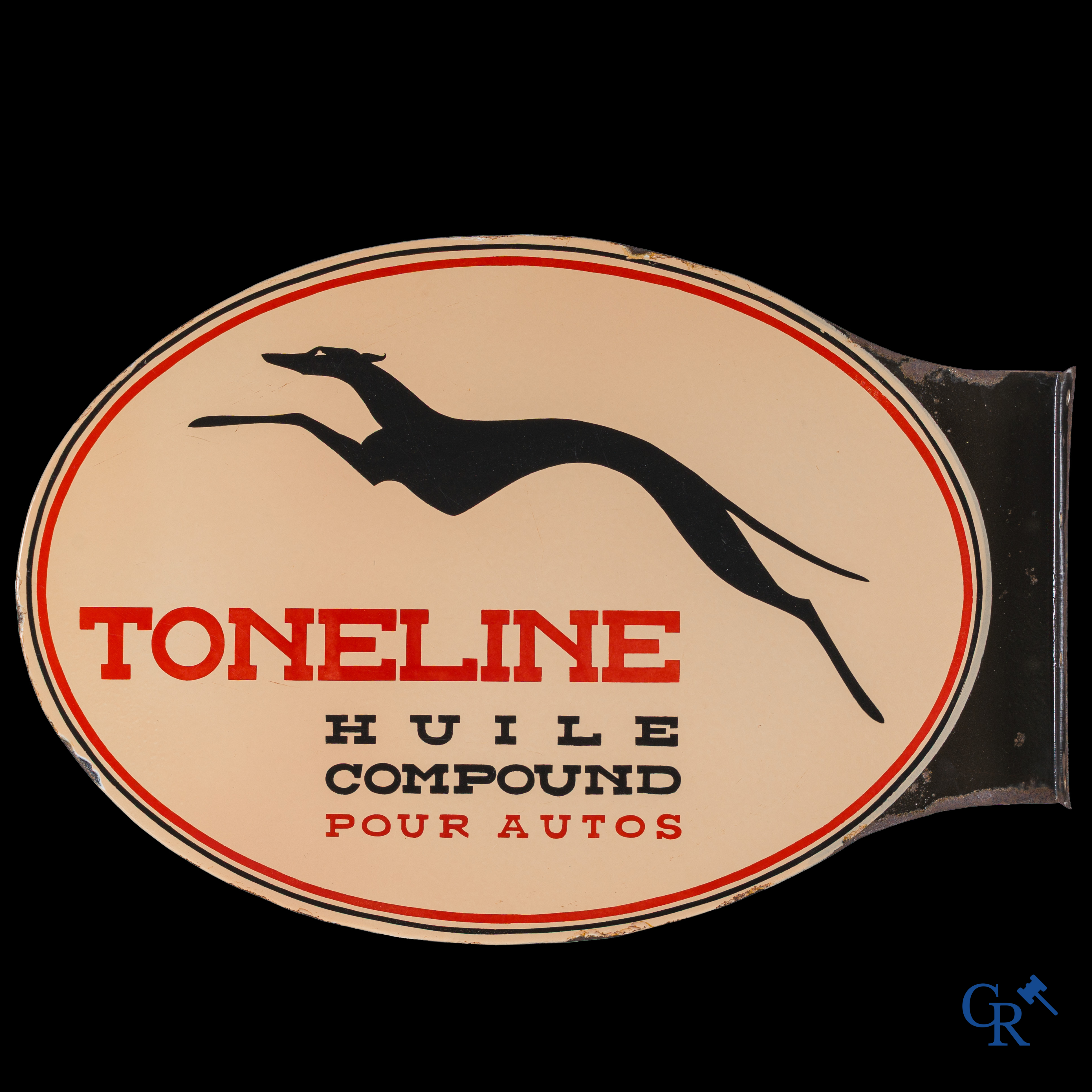 Toneline, Double-sided enamelled advertising sign with a greyhound. Huile compound pour autos. Circa 1930.