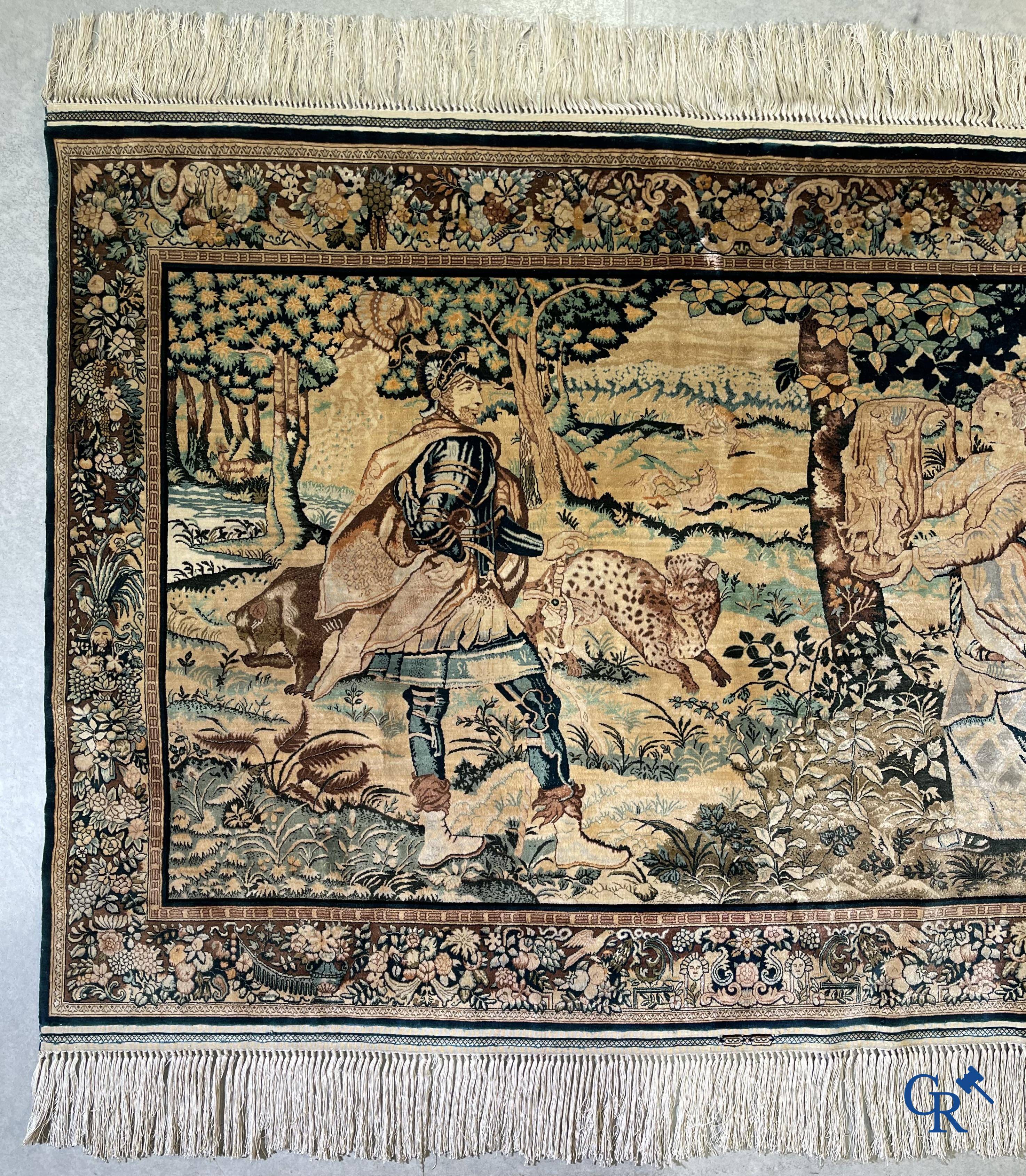 Oriental carpets, a finely knotted silk tapestry with Renaissance scenes. Signed.