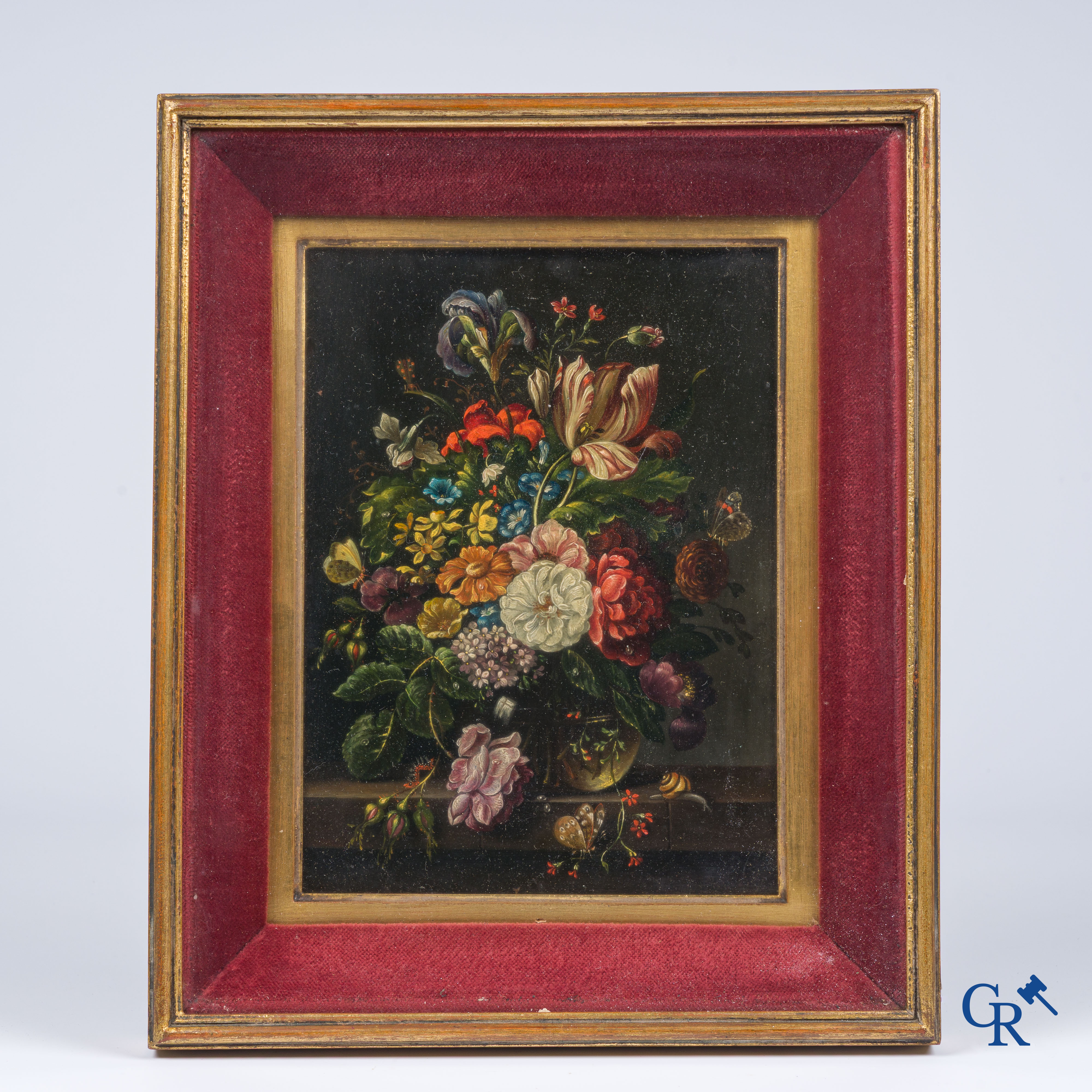 Painting. Still life with flowers and insects. Oil on copper. 18th-19th century.