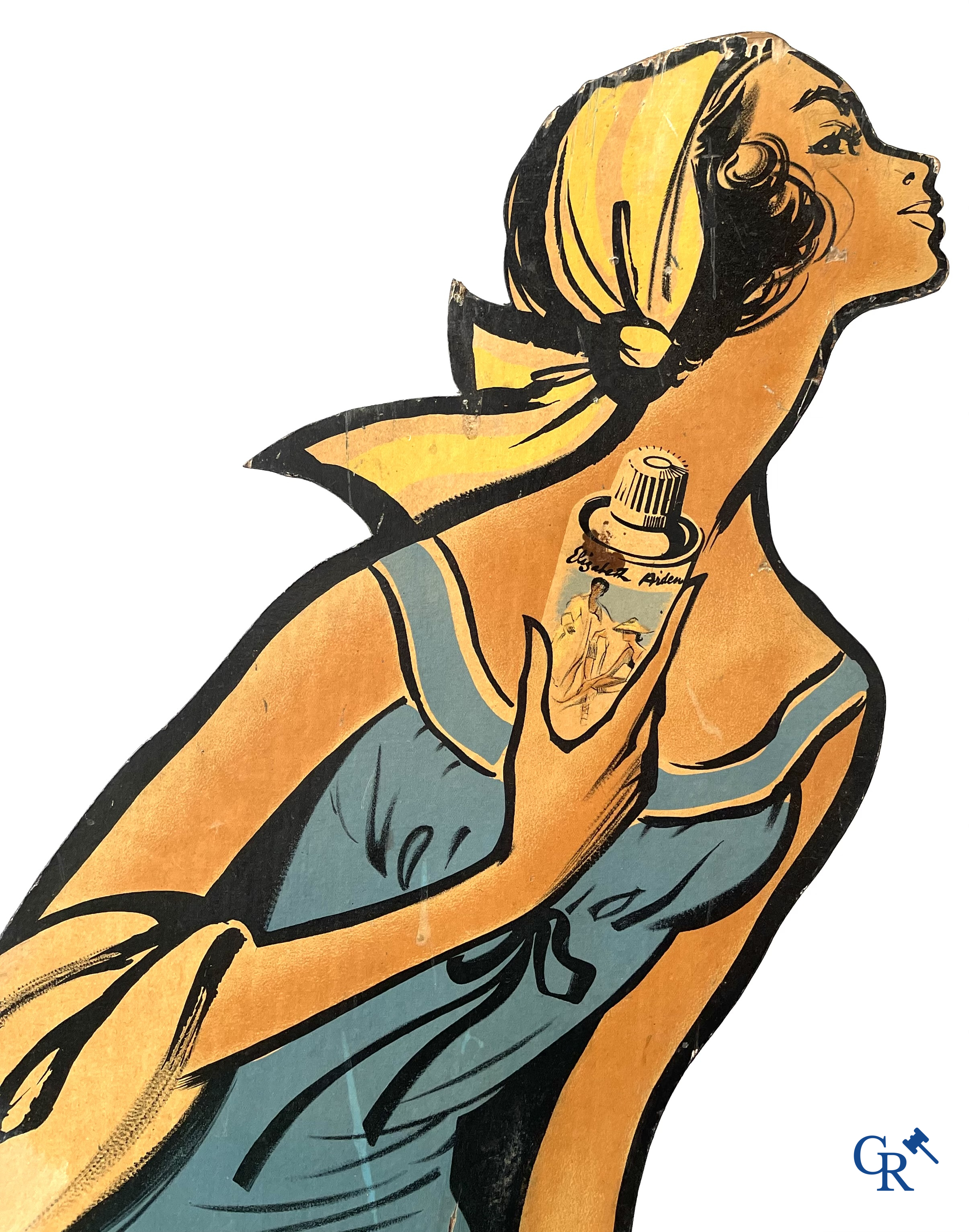 Elizabeth Arden, une grande publicité de vitrine pour les produits de beauté d'Elizabeth Arden. Vers 1950.