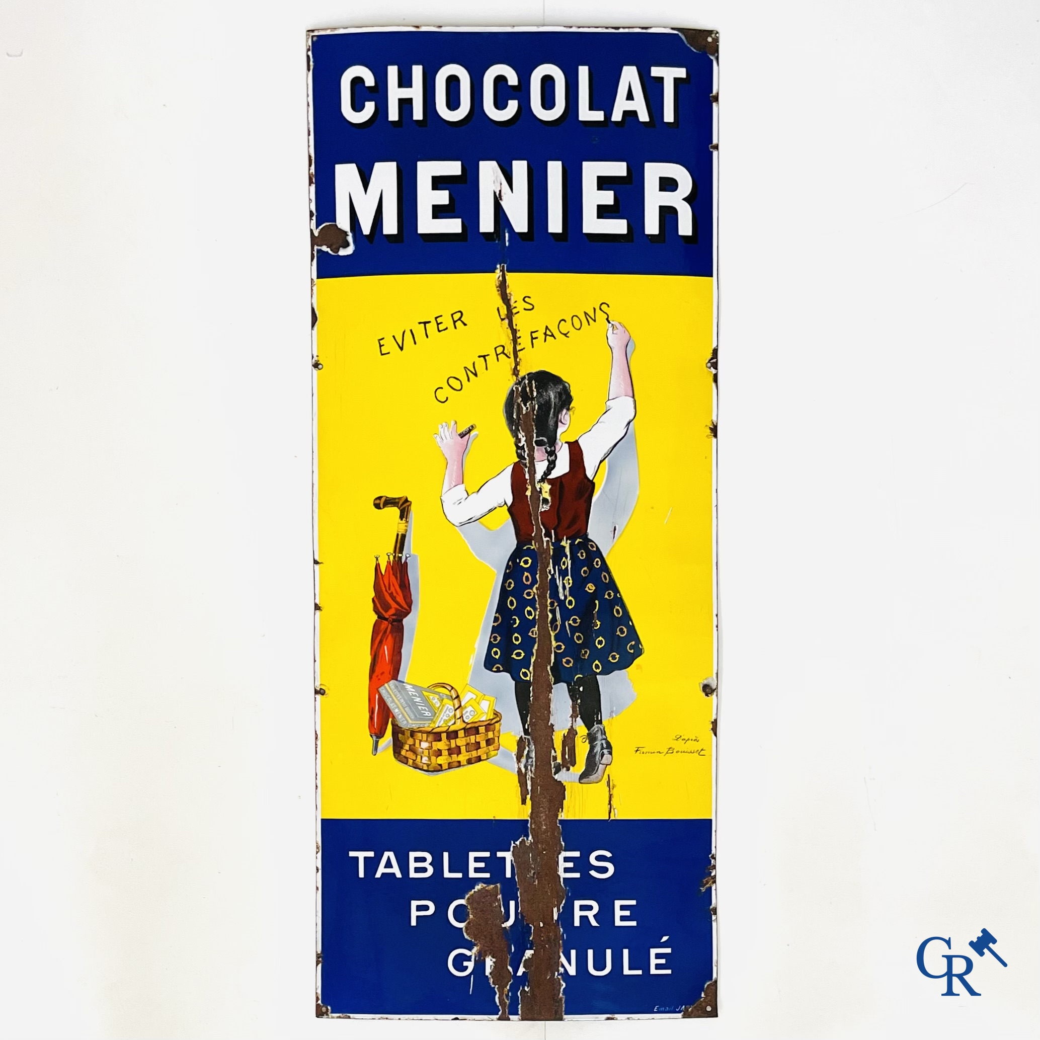 Chocolat Menier, "éviter les contrefaçons", emaille reclamebord naar een ontwerp van Firmin Bouisset.