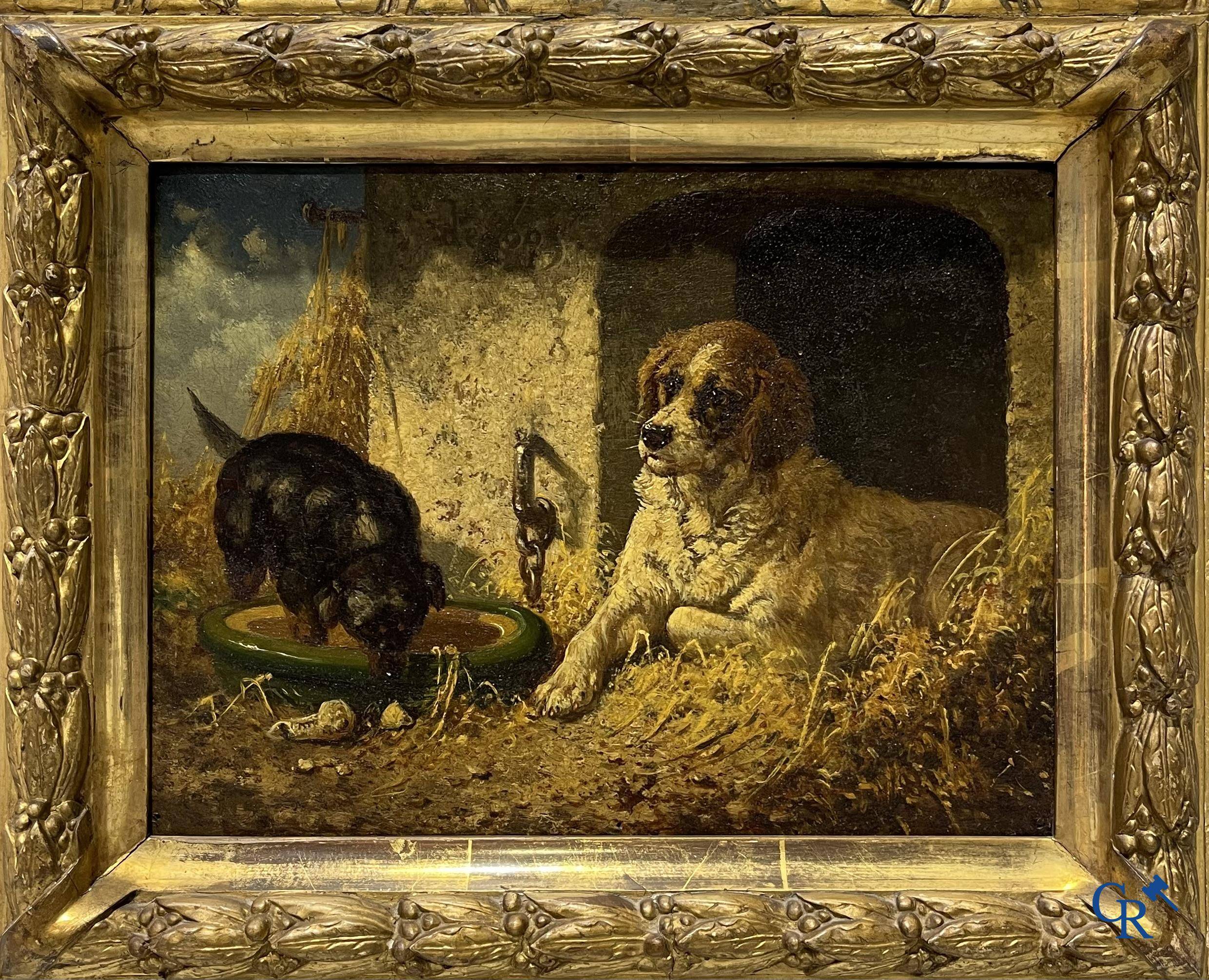 Vincent de Vos (1829-1875) A pair of paintings (pendant) oil on panel. "La chasse aux souris" and "Les bons amis".