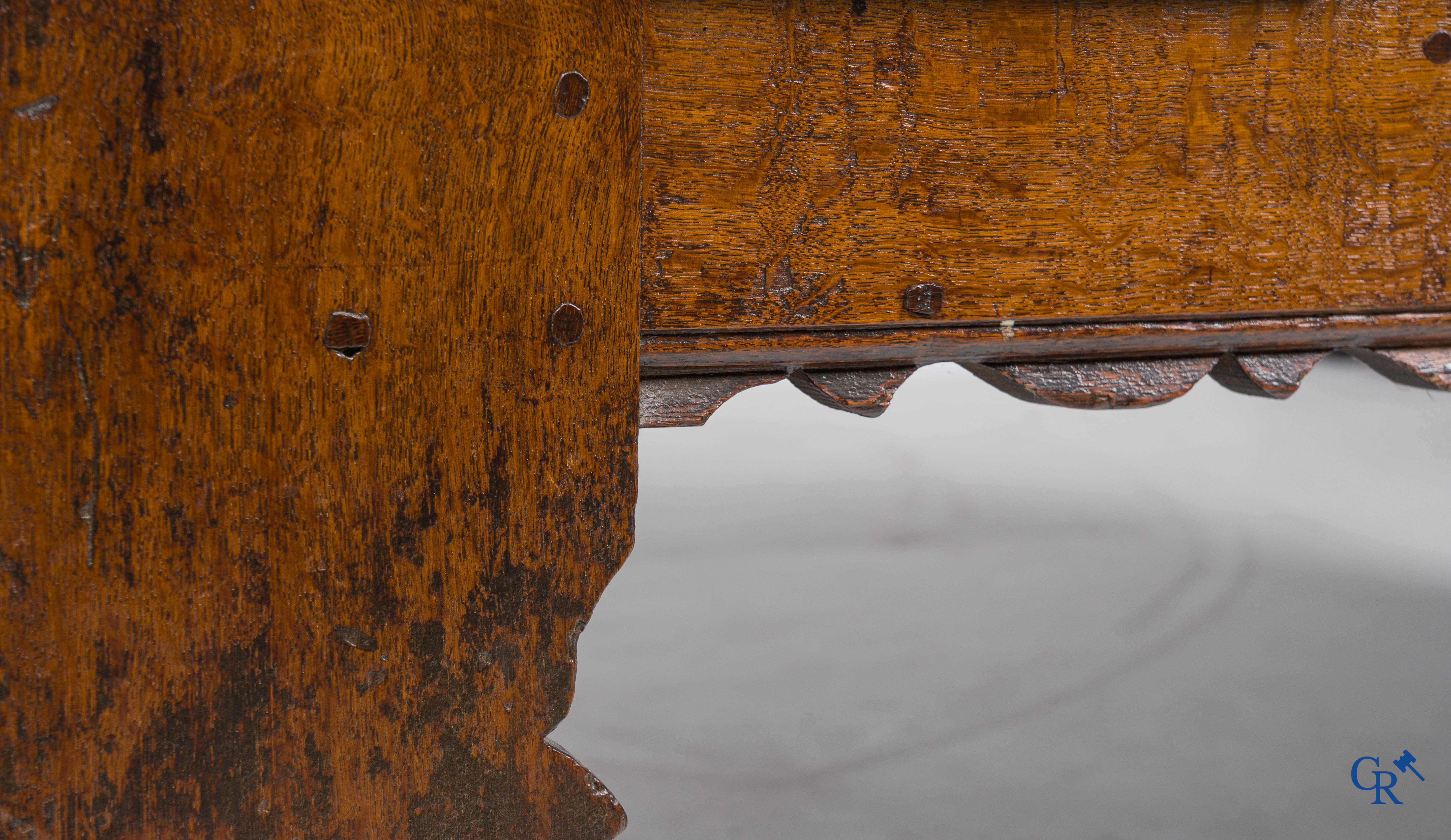 Oak trunk with original wrought iron lock work. Beautiful patina. 18th century.