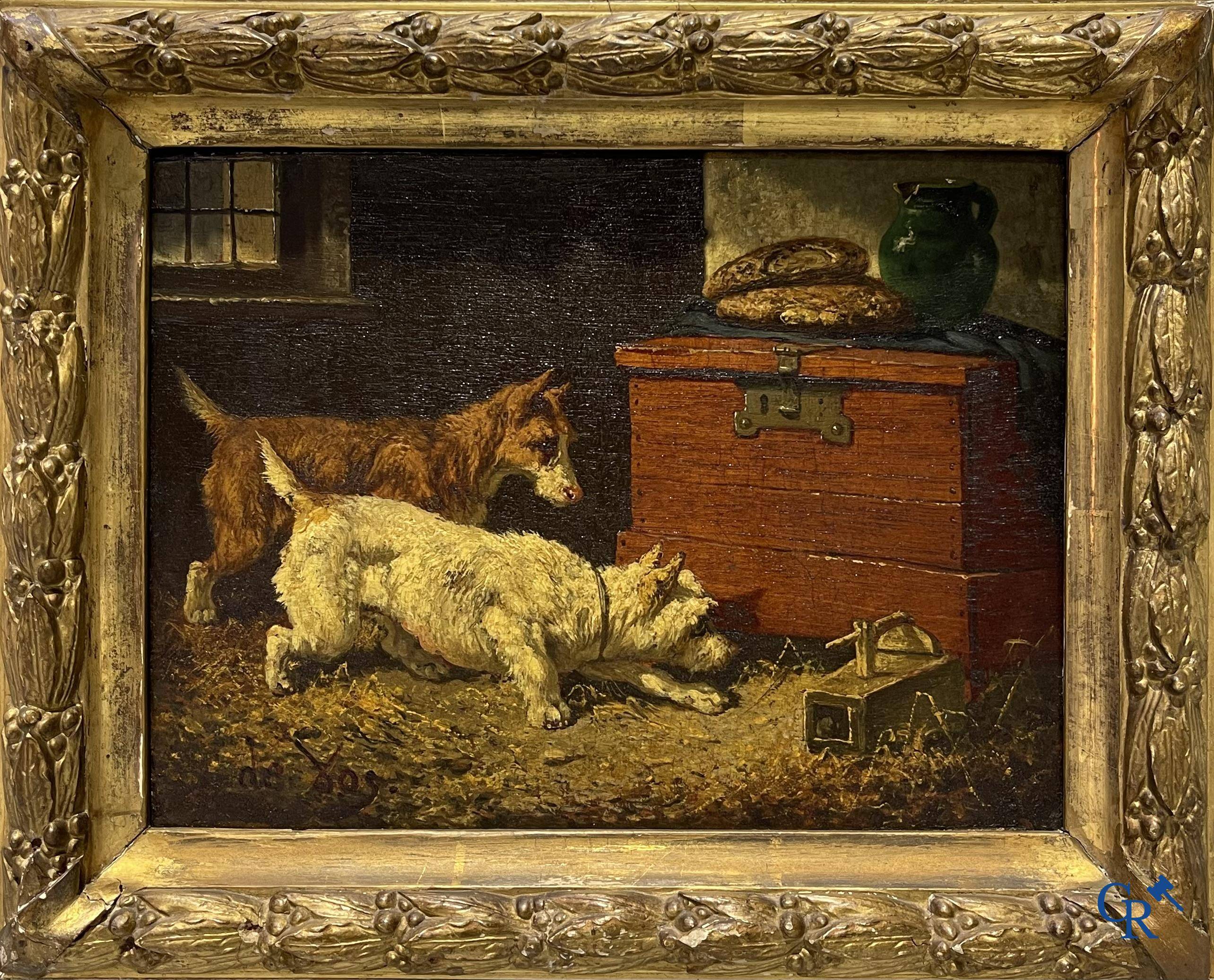 Vincent de Vos (1829-1875) A pair of paintings (pendant) oil on panel. "La chasse aux souris" and "Les bons amis".