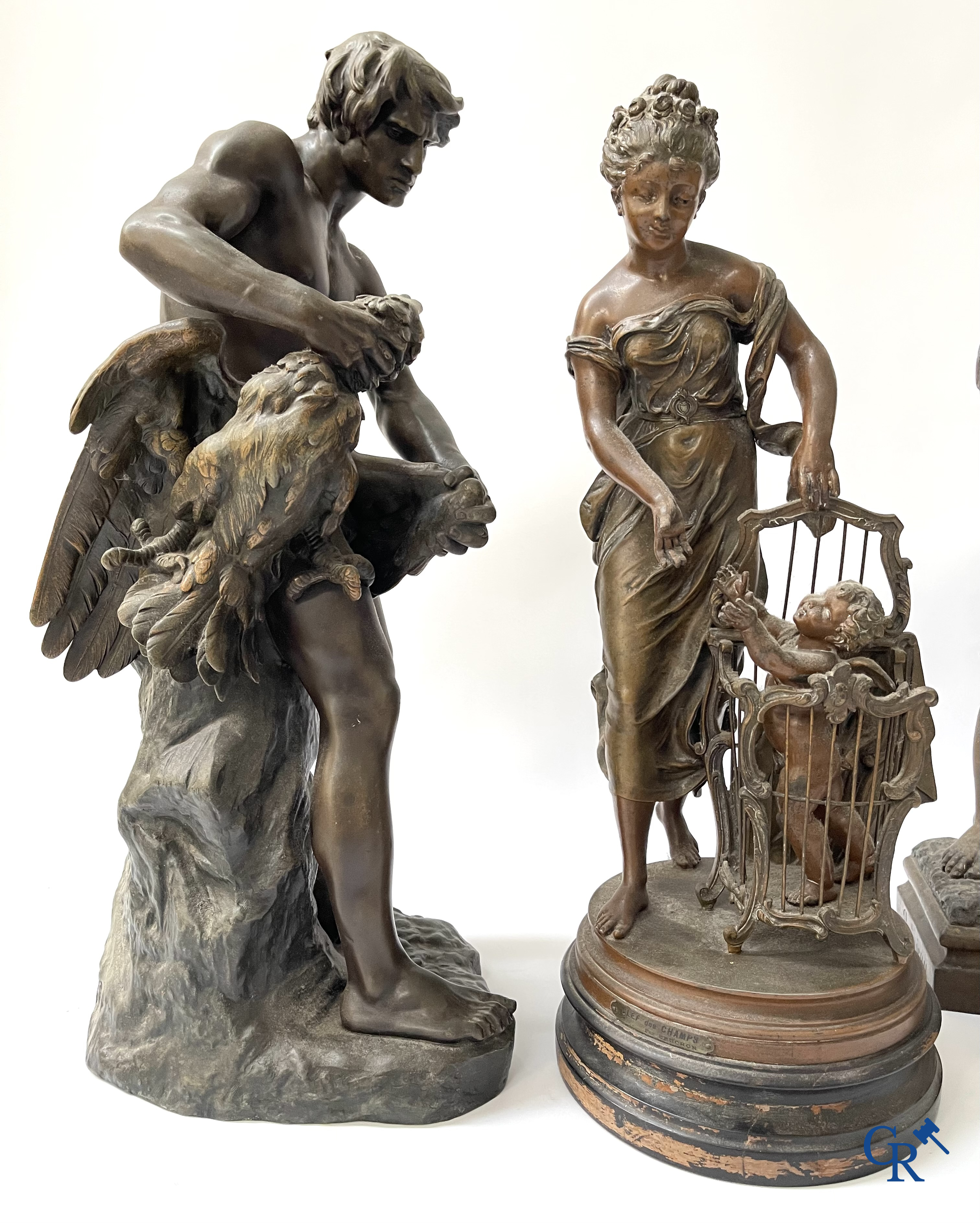 A lot of 3 sculptures in spelter. Anatole Guillot, Emile Bruchon, Rousseau. Circa 1900.