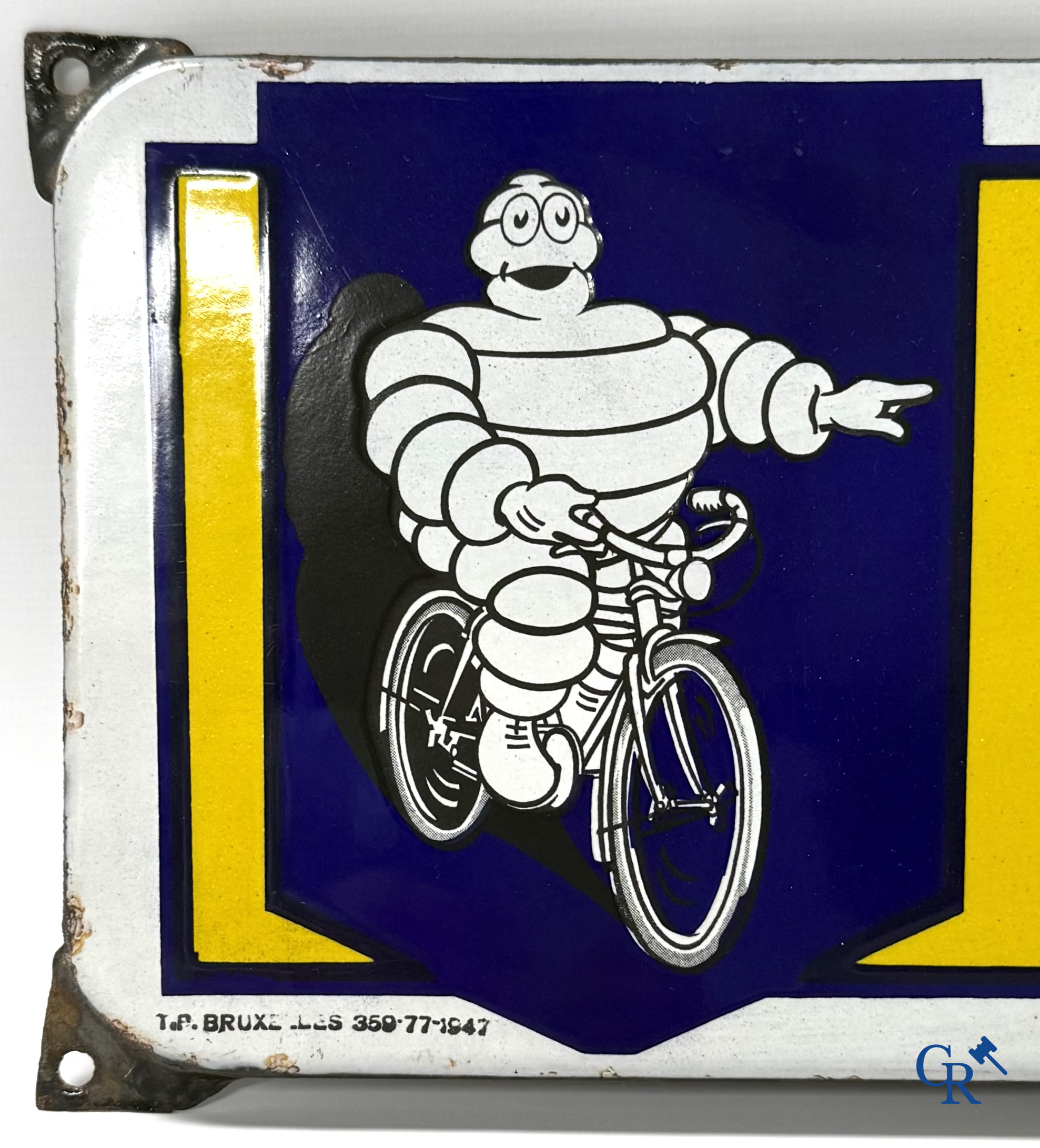 Michelin, enamel sign with Bibendum on bicycle. Emaillerie Belge, 1947.