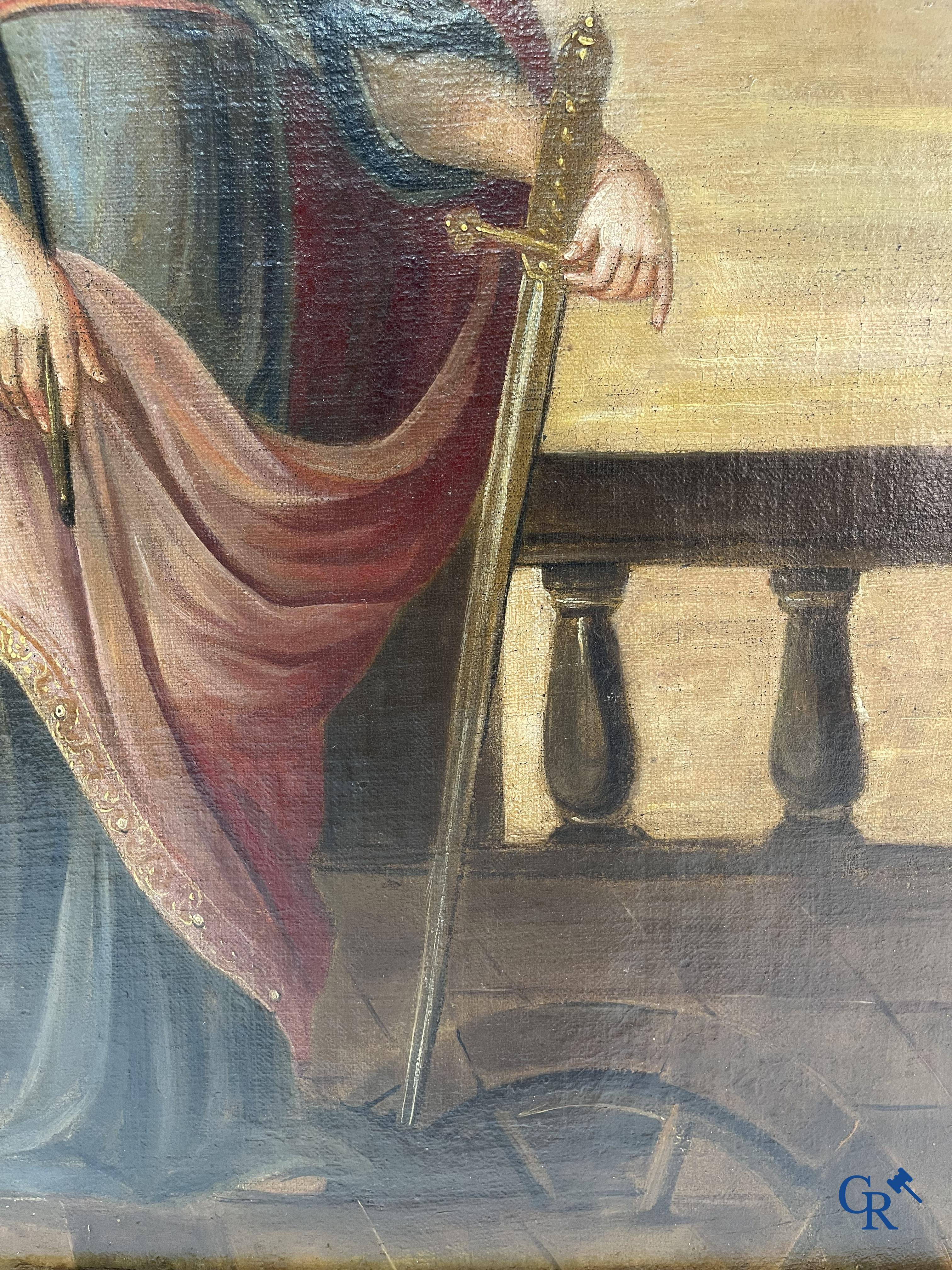 Religious painting, Saint Catherine with angel, oil on canvas 18th century.