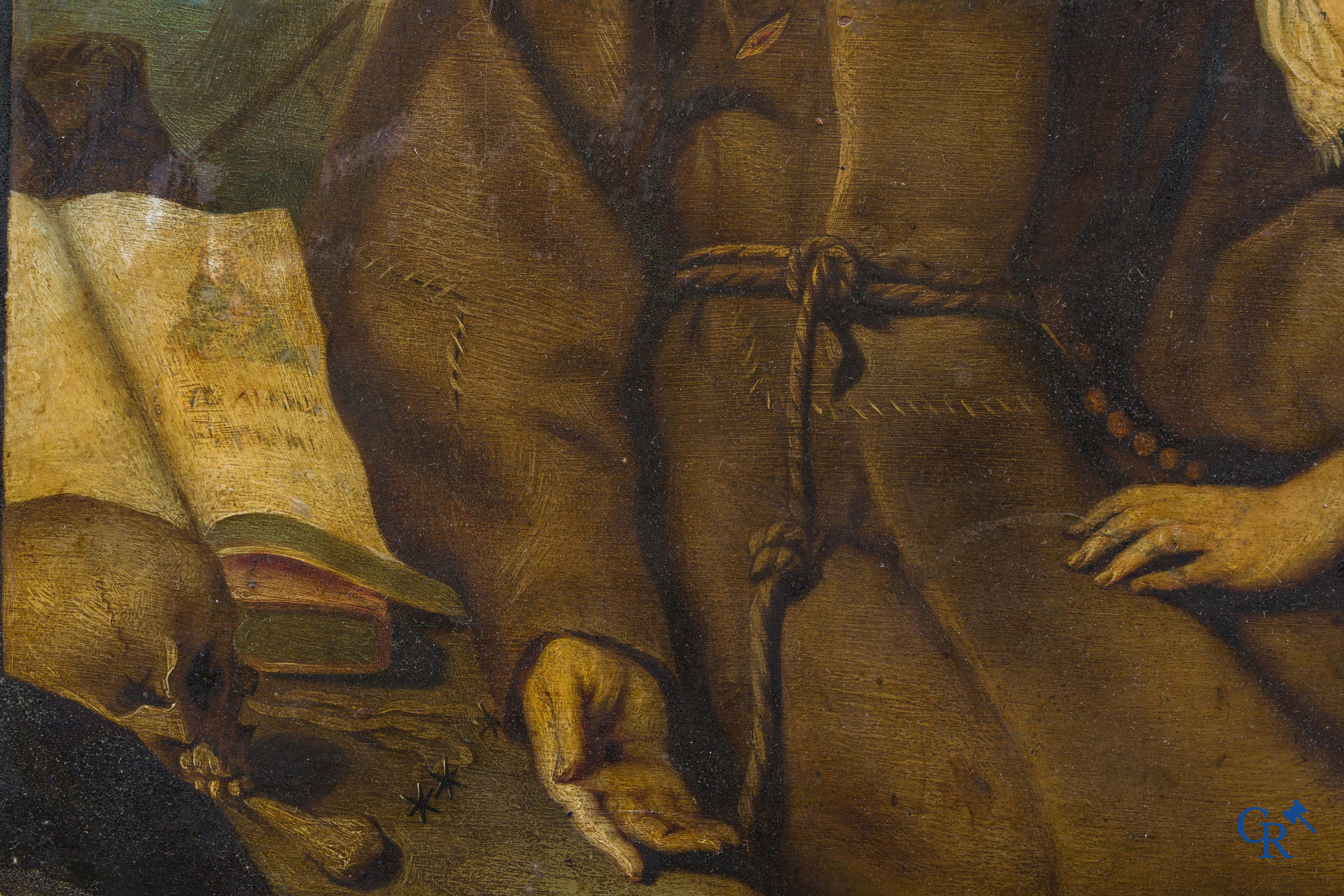 Sint Franciscus van Assisi, getroost door een engel. Olie op koper. Geparketteerd. 18e eeuw.