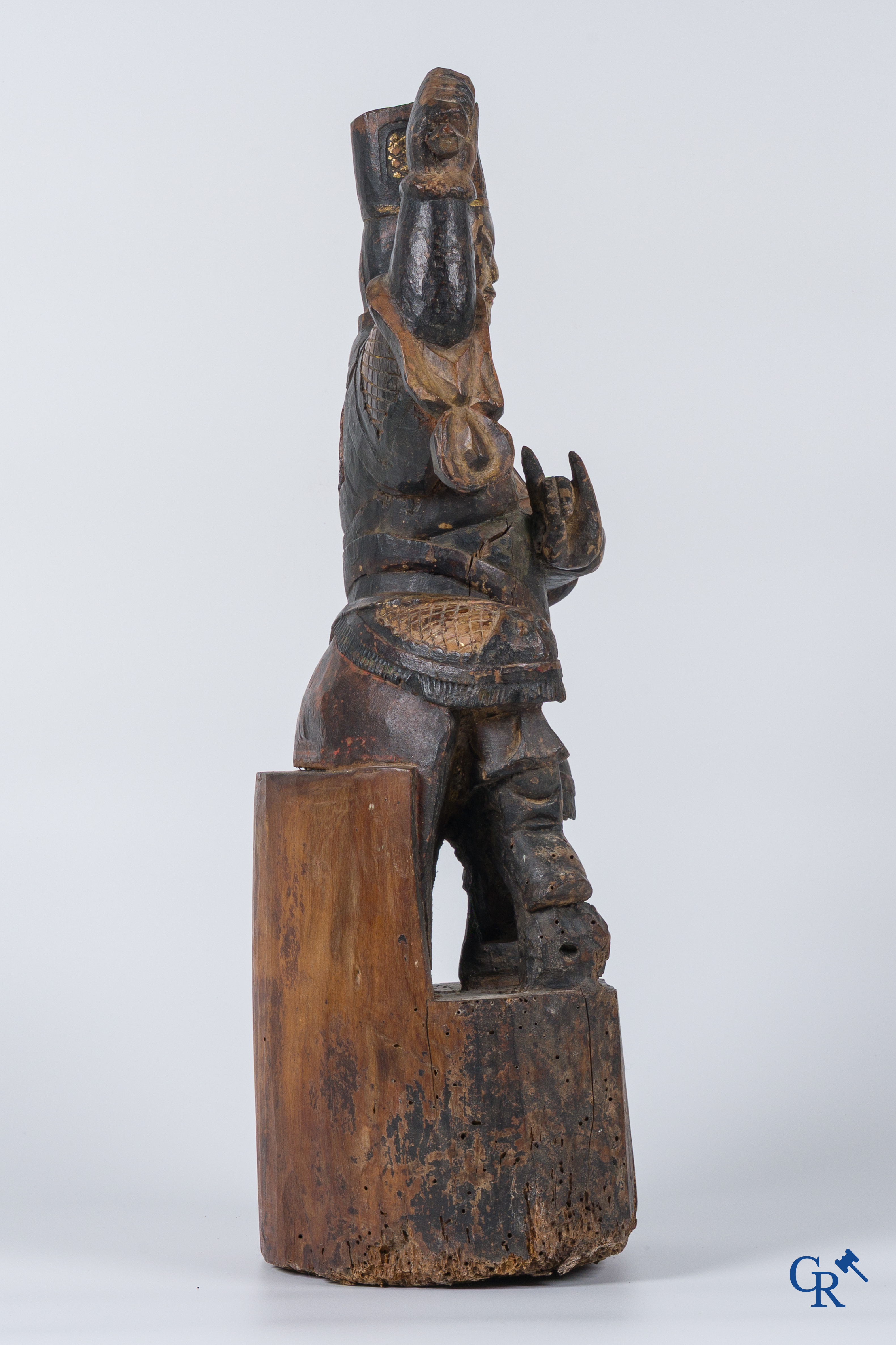 Asian Art, A Chinese antique wood sculpted and polychrome representation of a warrior.