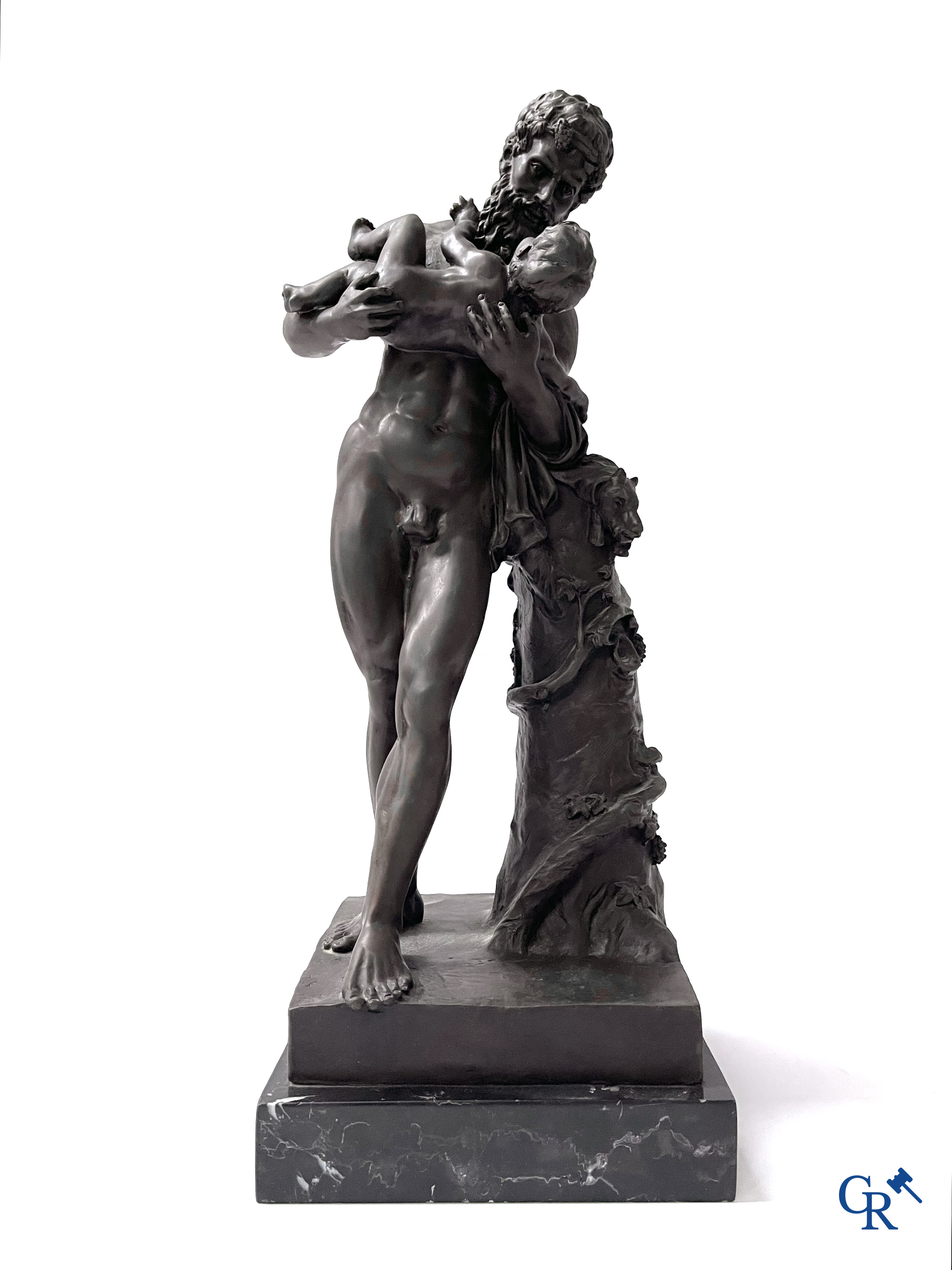 Hermes and Dionysus. After the antique. Posthumous bronze on a black veined marble. 20th century.