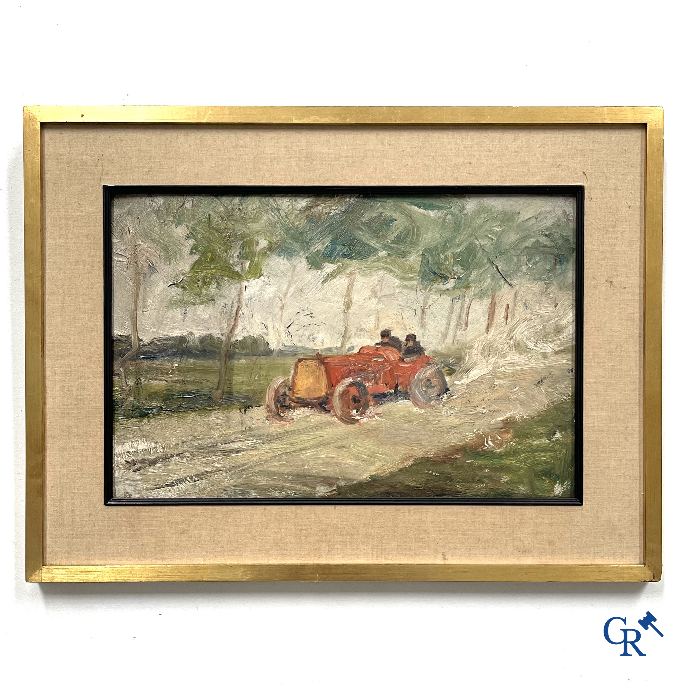 "Course Automobile" Oil on hard cardboard. Circa 1930. With a stamp of Maison Parys, 2 Rue du Brou à Verviers.