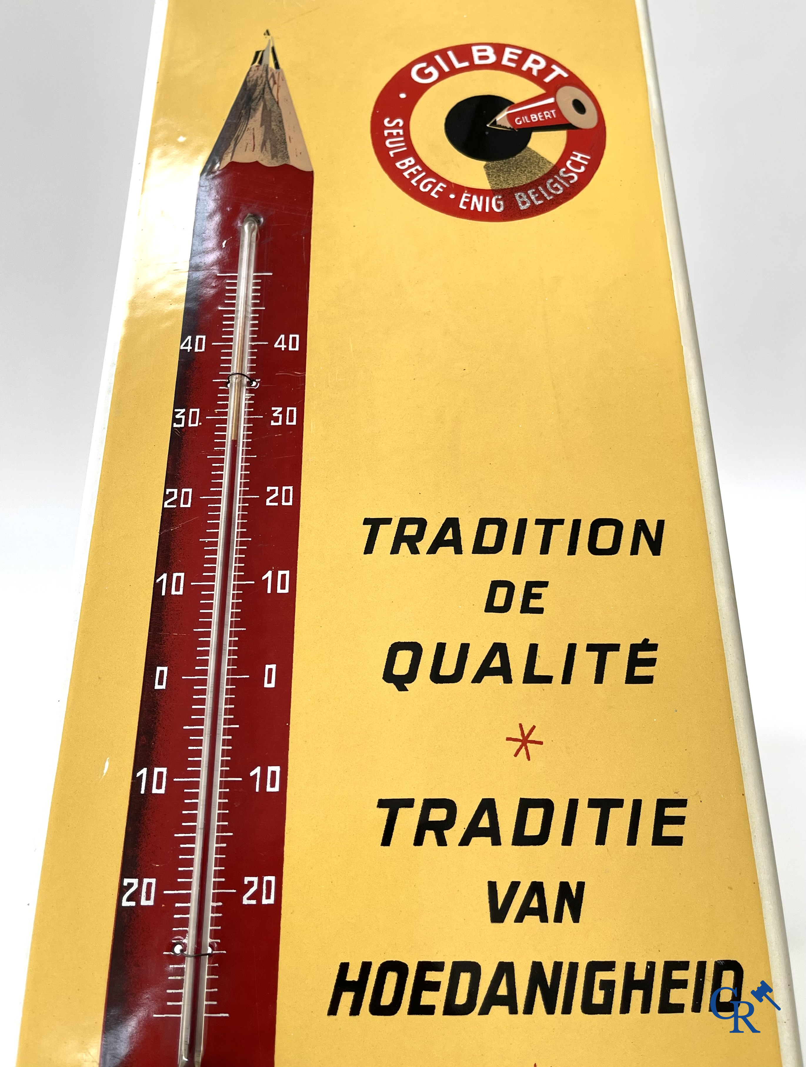Enamel advertising sign, Publicity thermometer for pencil manufacturer Gilbert à Hastière (Namur) Foremail 1953.