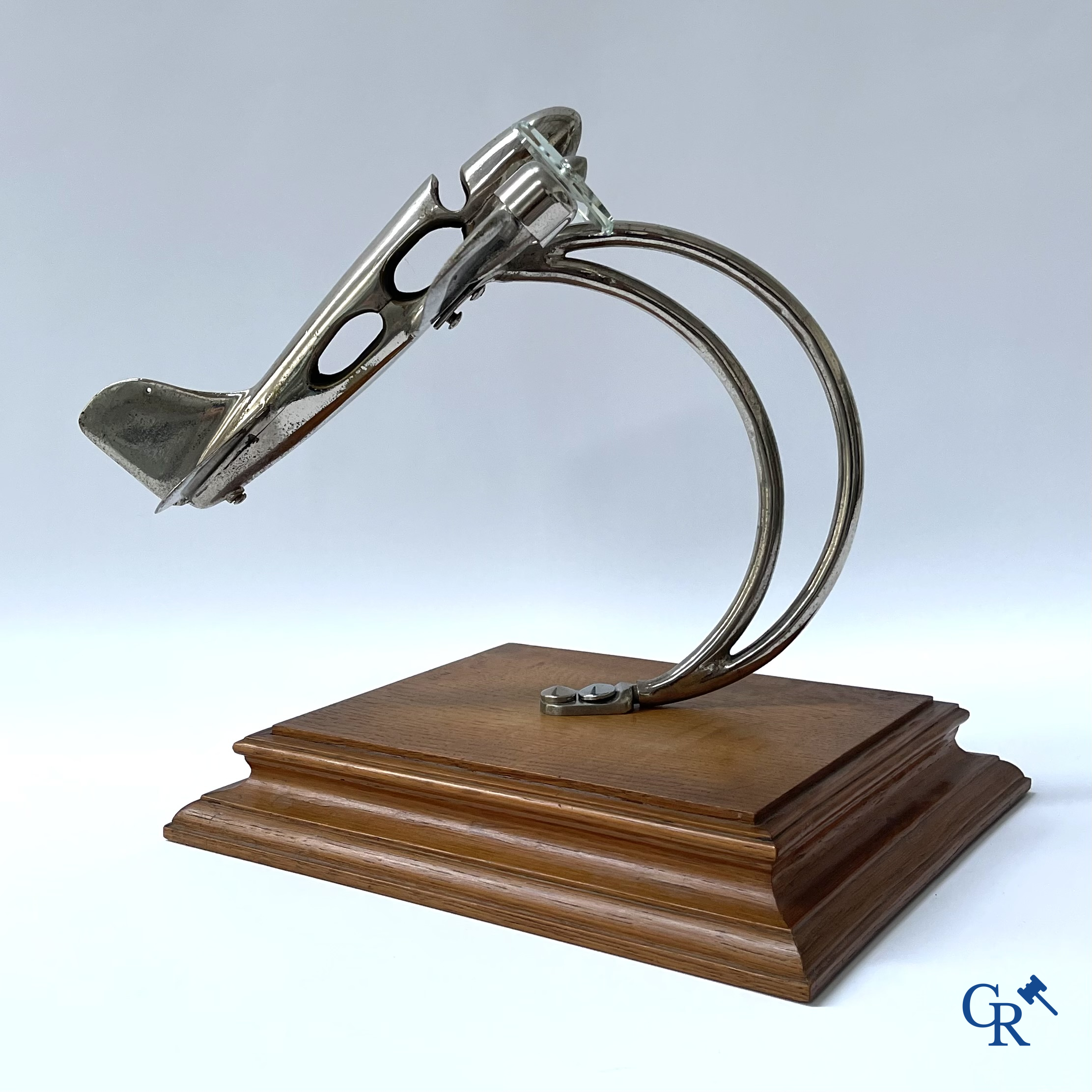 Art Deco, a large model of an aircraft taking off in chrome-plated bronze and glass propellers. 1930's.