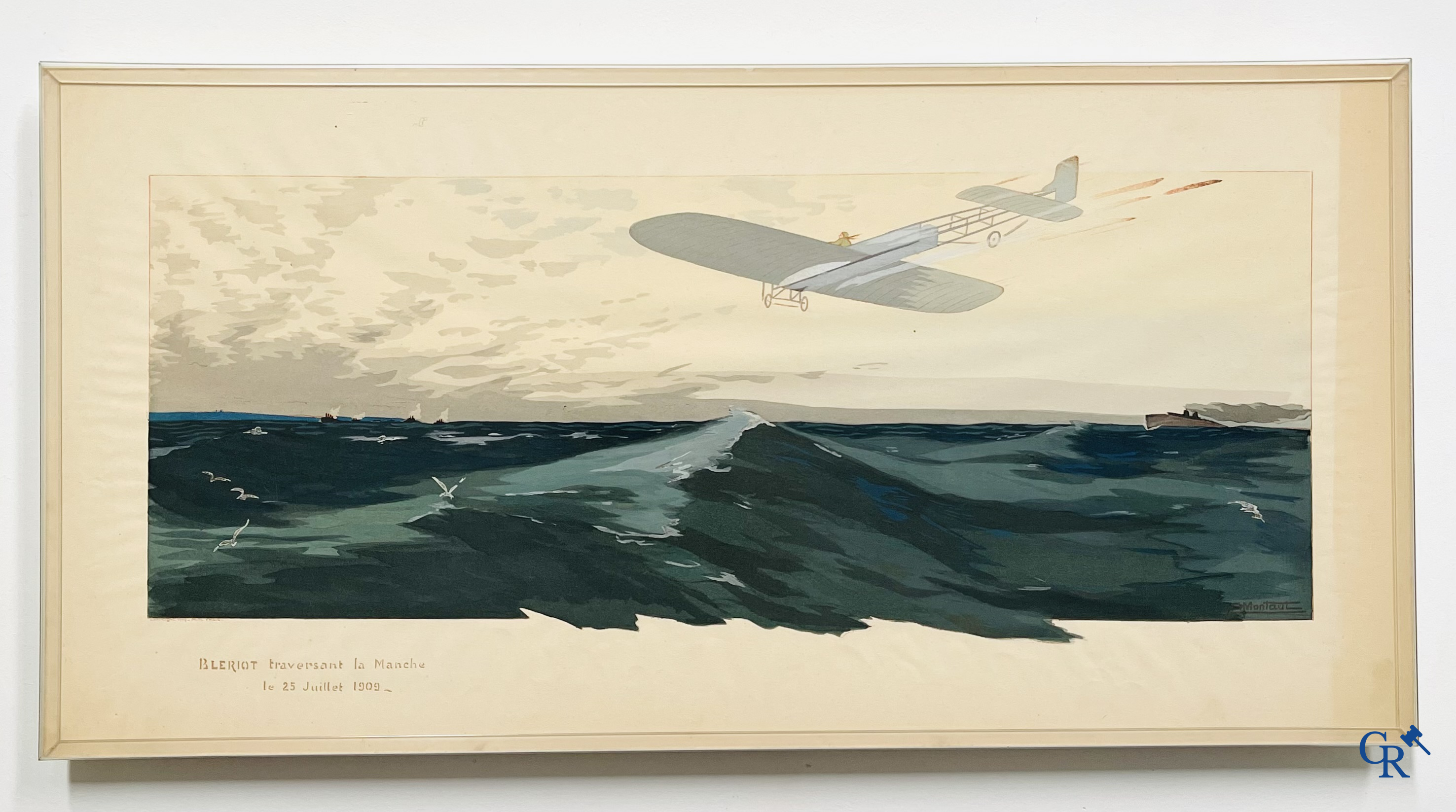 Ernest Montaut. Bleriot traversant la Manche. Colour lithography,  Montaut Mabileau, copyright 1909.