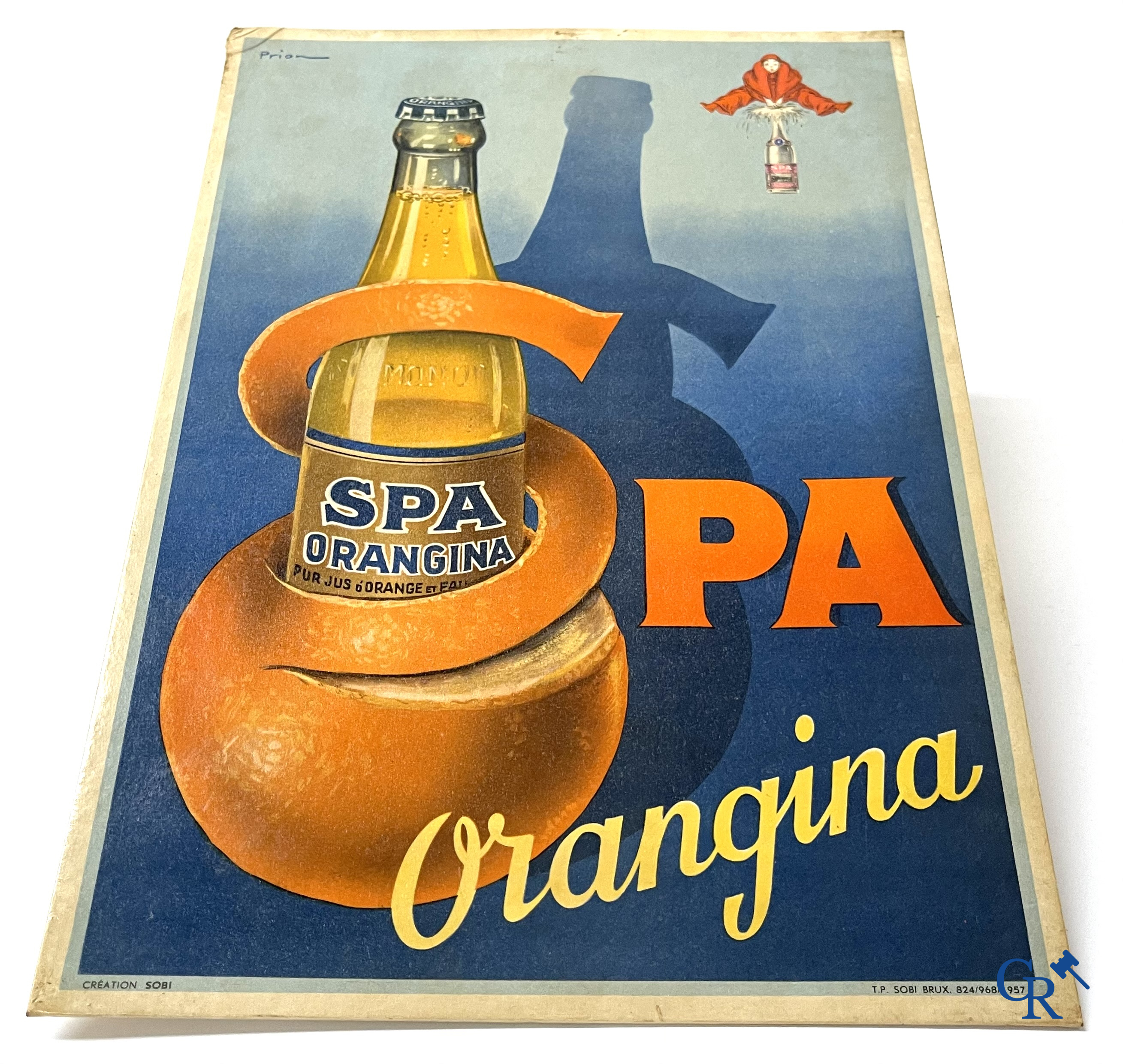 Spa, a publicity printed on metal for Spa Citron and a lithograph on cardboard for Spa Orangina. 1950's.