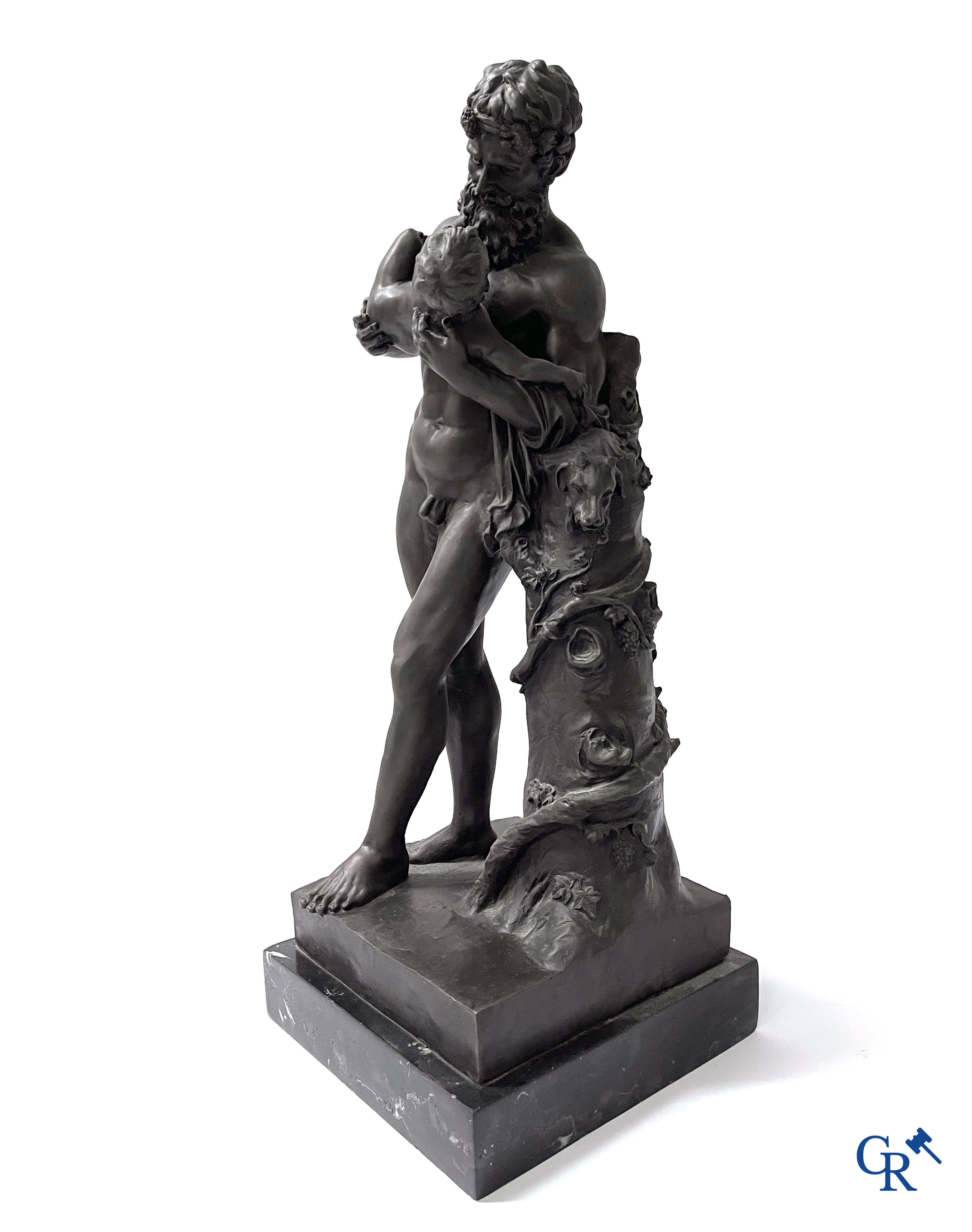 Hermes and Dionysus. After the antique. Posthumous bronze on a black veined marble. 20th century.