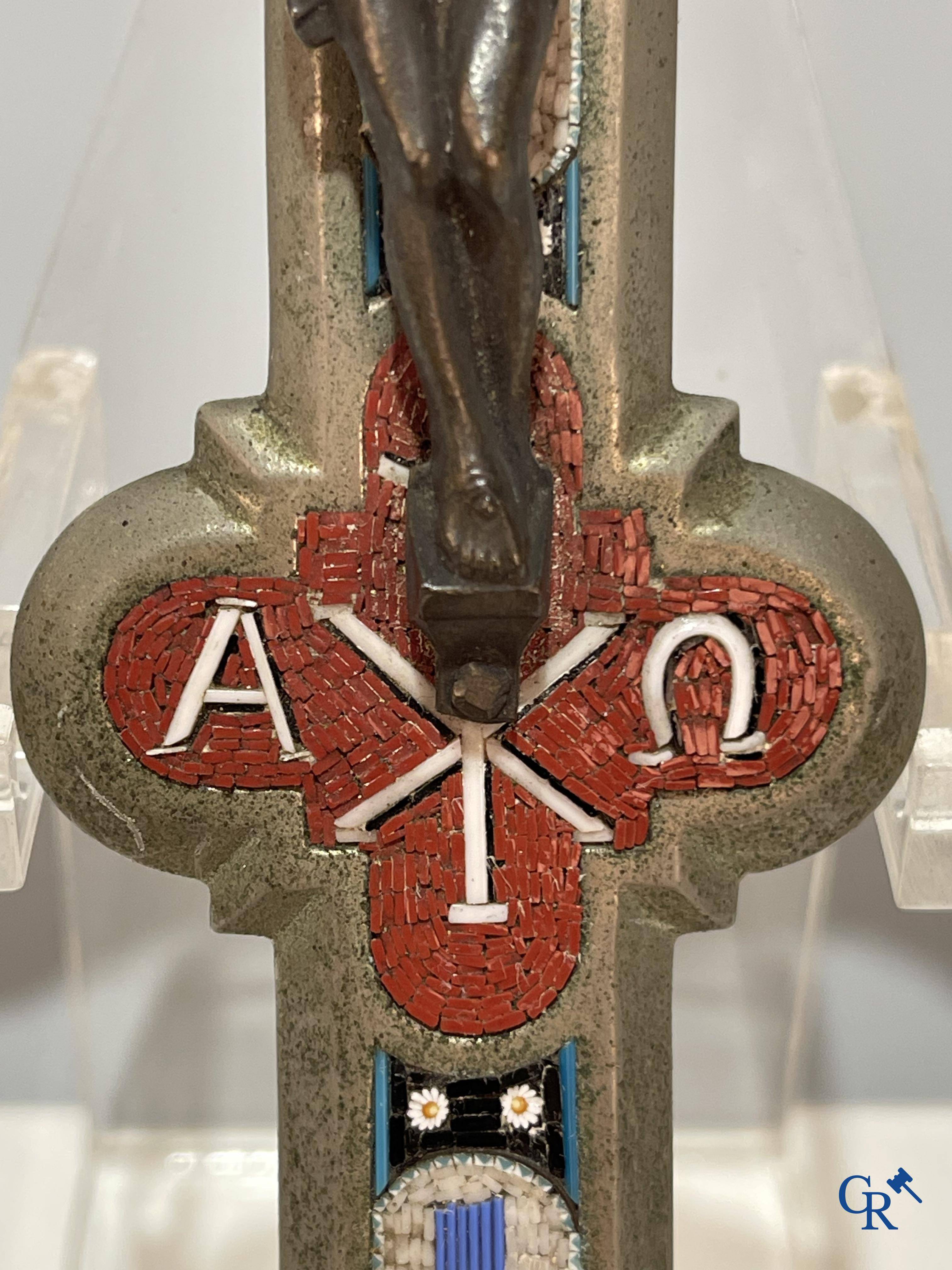 Religious objects, a bronze cross with finely inlaid micro mosaic. Late 19th century.
