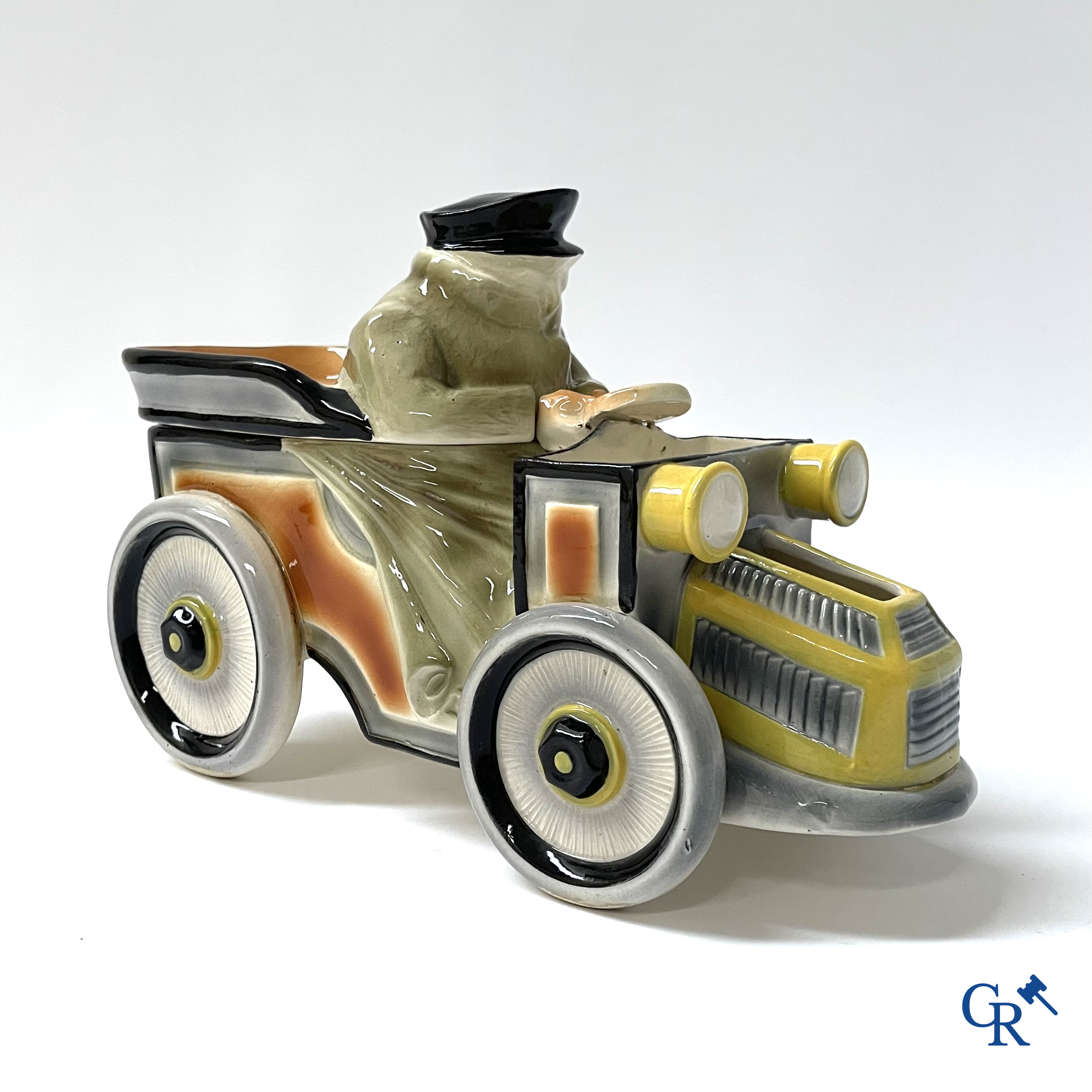 Faïencerie Fives Lille. L'Automobiliste, a large tobacco jar in the shape of a vintage car with a driver. Around 1910.