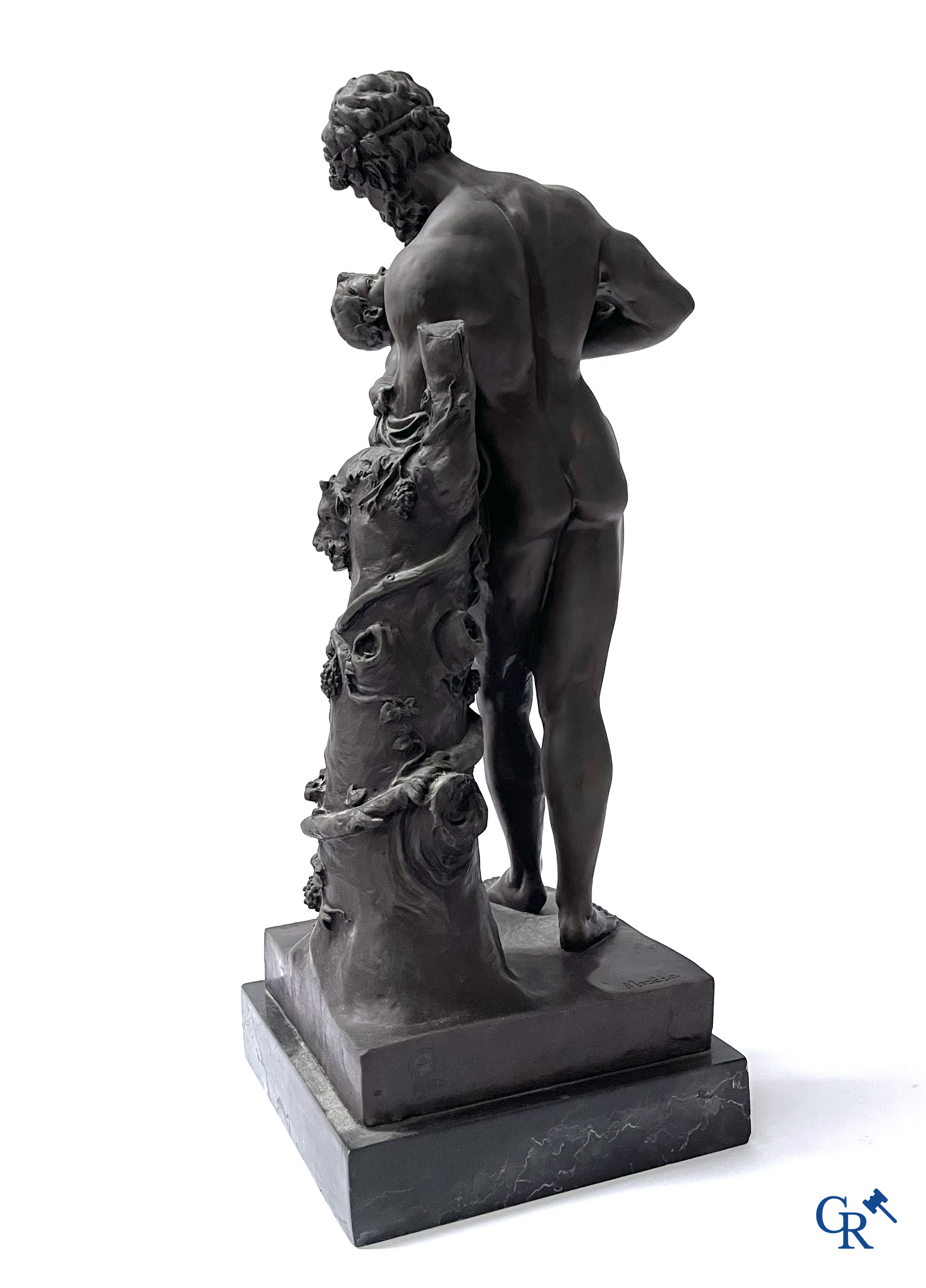 Hermes and Dionysus. After the antique. Posthumous bronze on a black veined marble. 20th century.