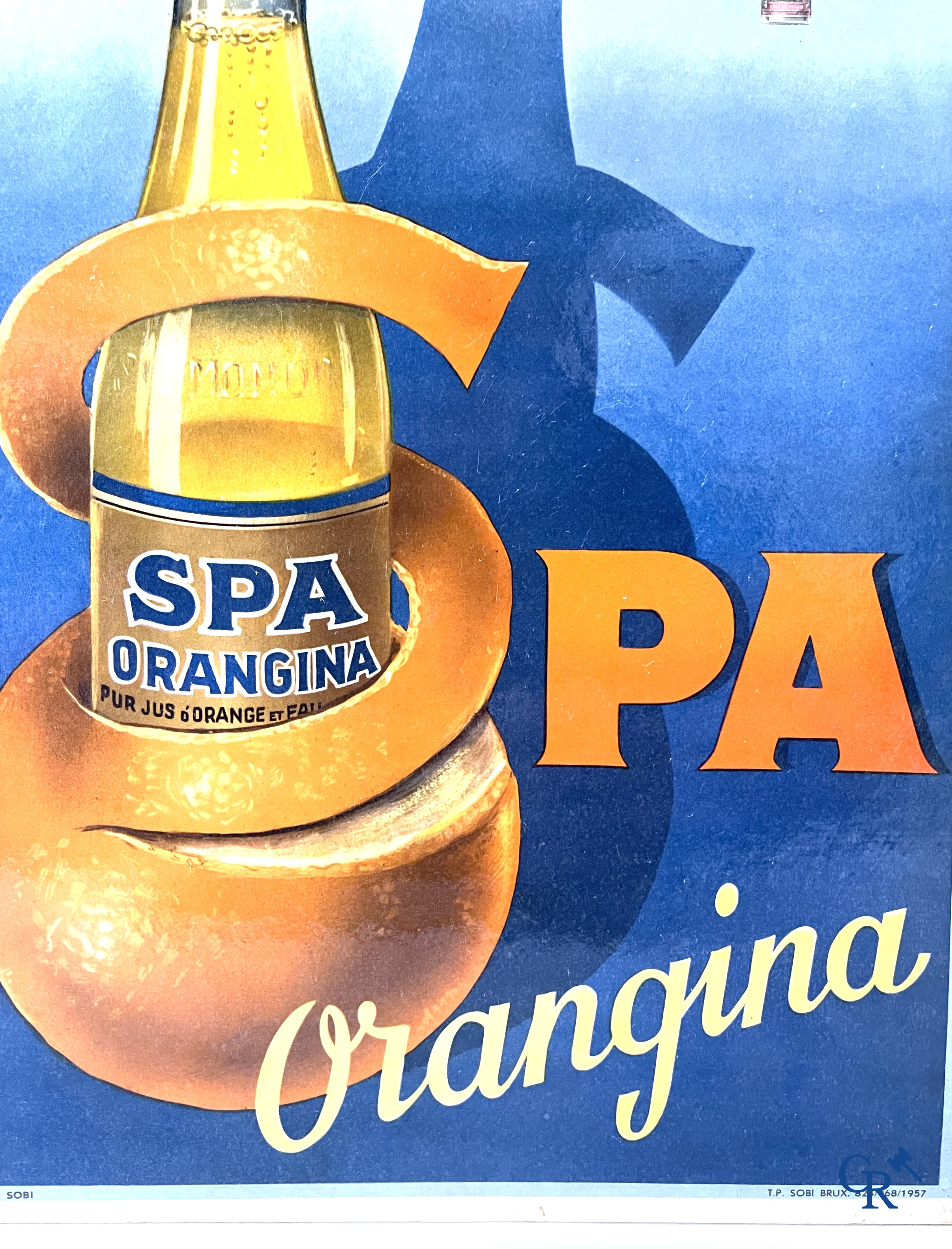 Spa, a publicity printed on metal for Spa Citron and a lithograph on cardboard for Spa Orangina. 1950's.