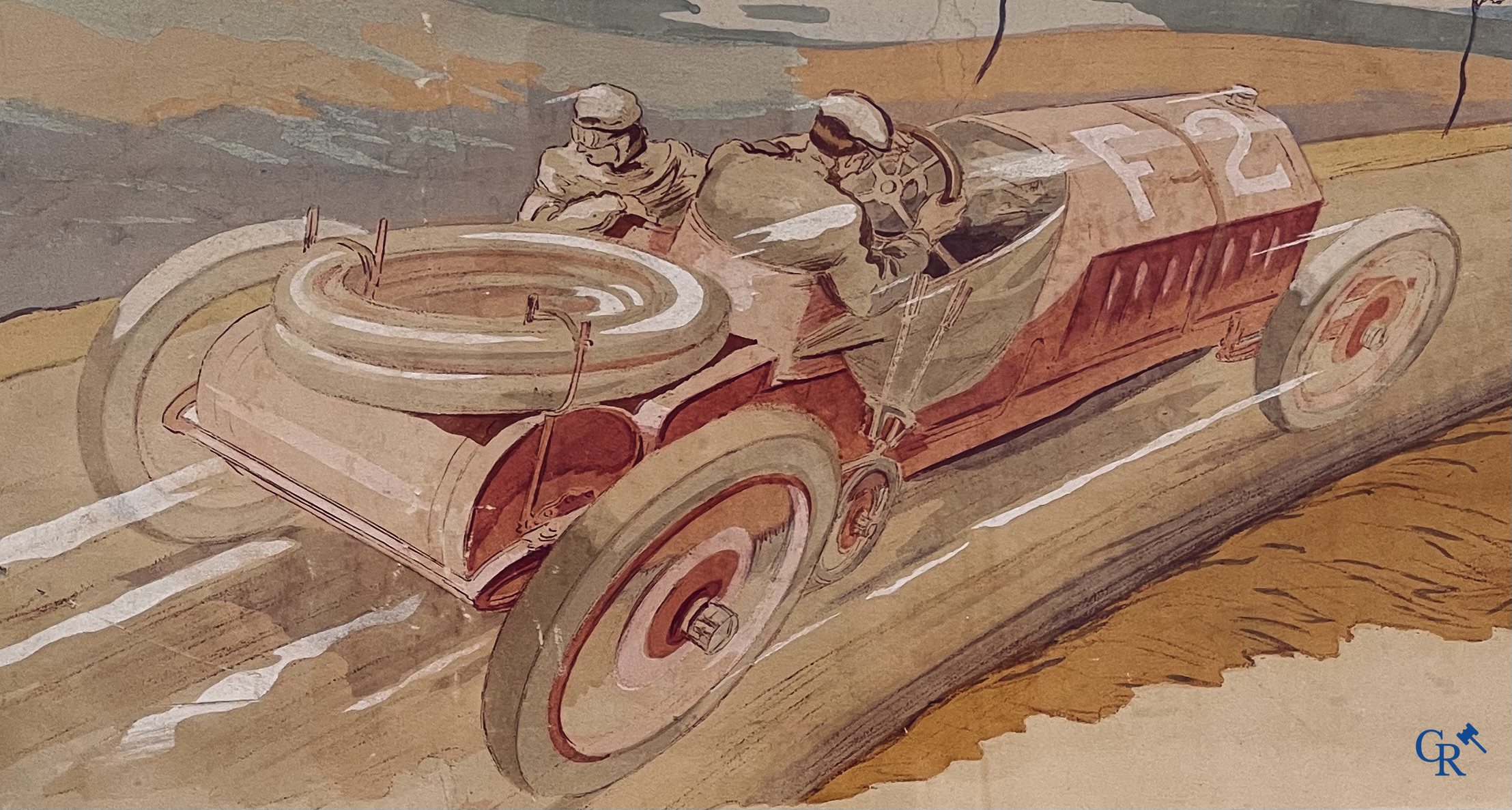Ernest Montaut. "Course Automobile" Kleuren lithografie. Montaut Mabileau Editeur, 1907.