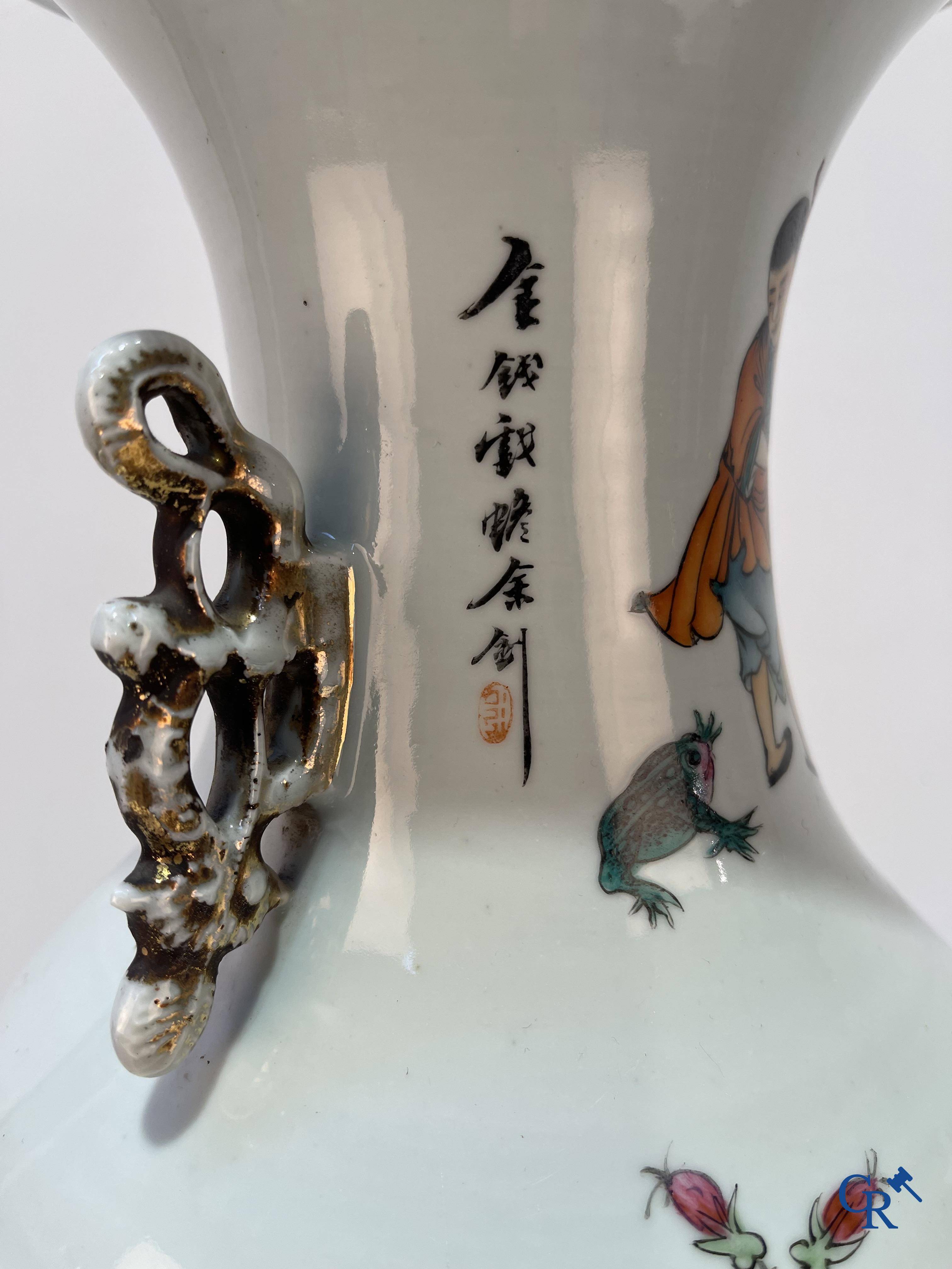 Asian Art, Chinese porcelain, a Chinese double decor vase with court scenes and calligraphy. Republic period.