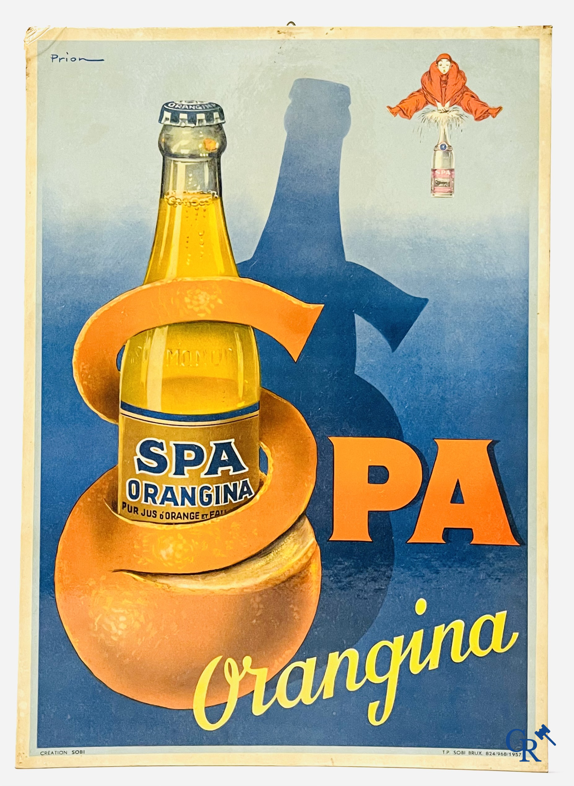 Spa, a publicity printed on metal for Spa Citron and a lithograph on cardboard for Spa Orangina. 1950's.