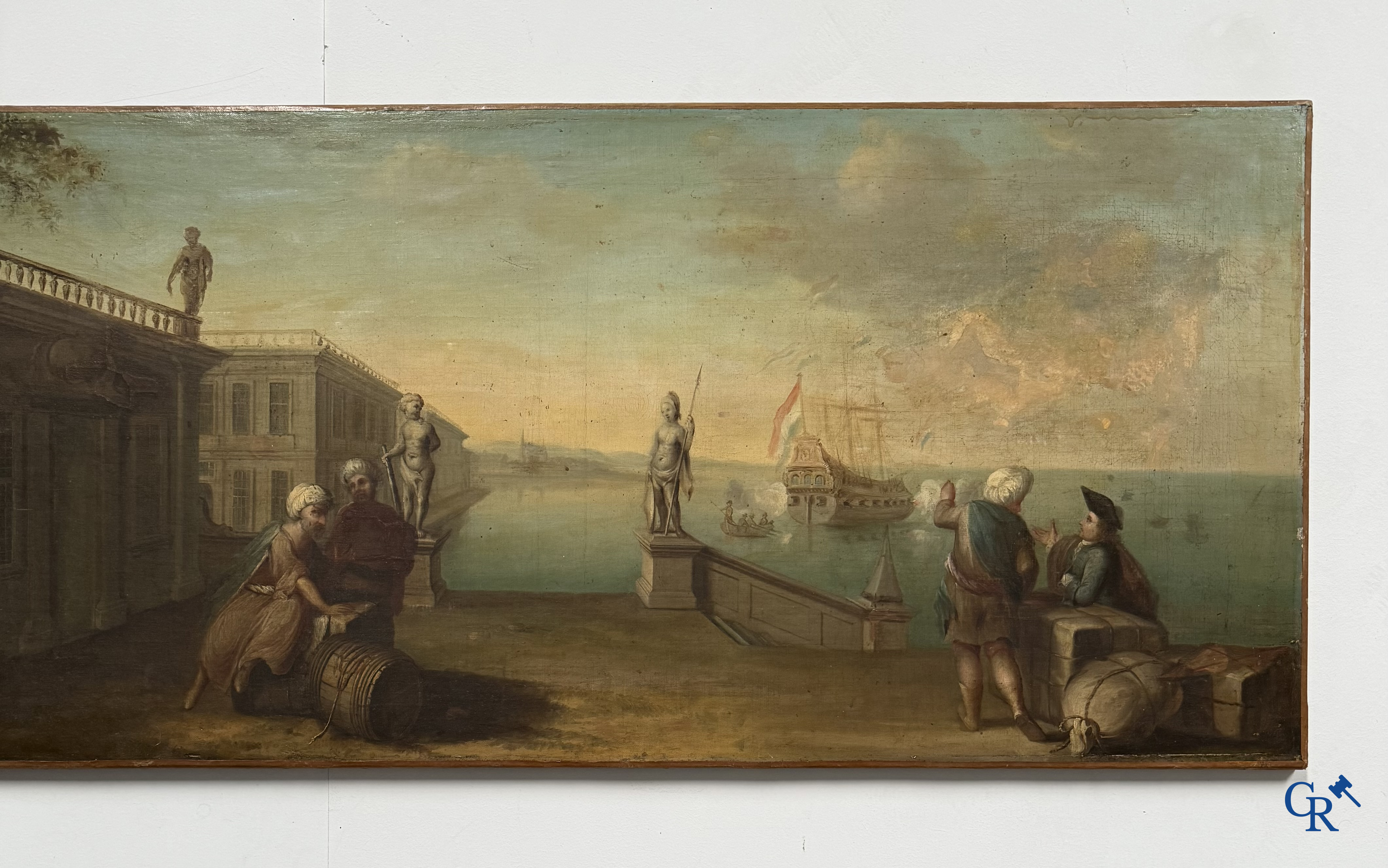 Painting. Harbour view with a Dutch flagship. Oil on canvas, 18th century.