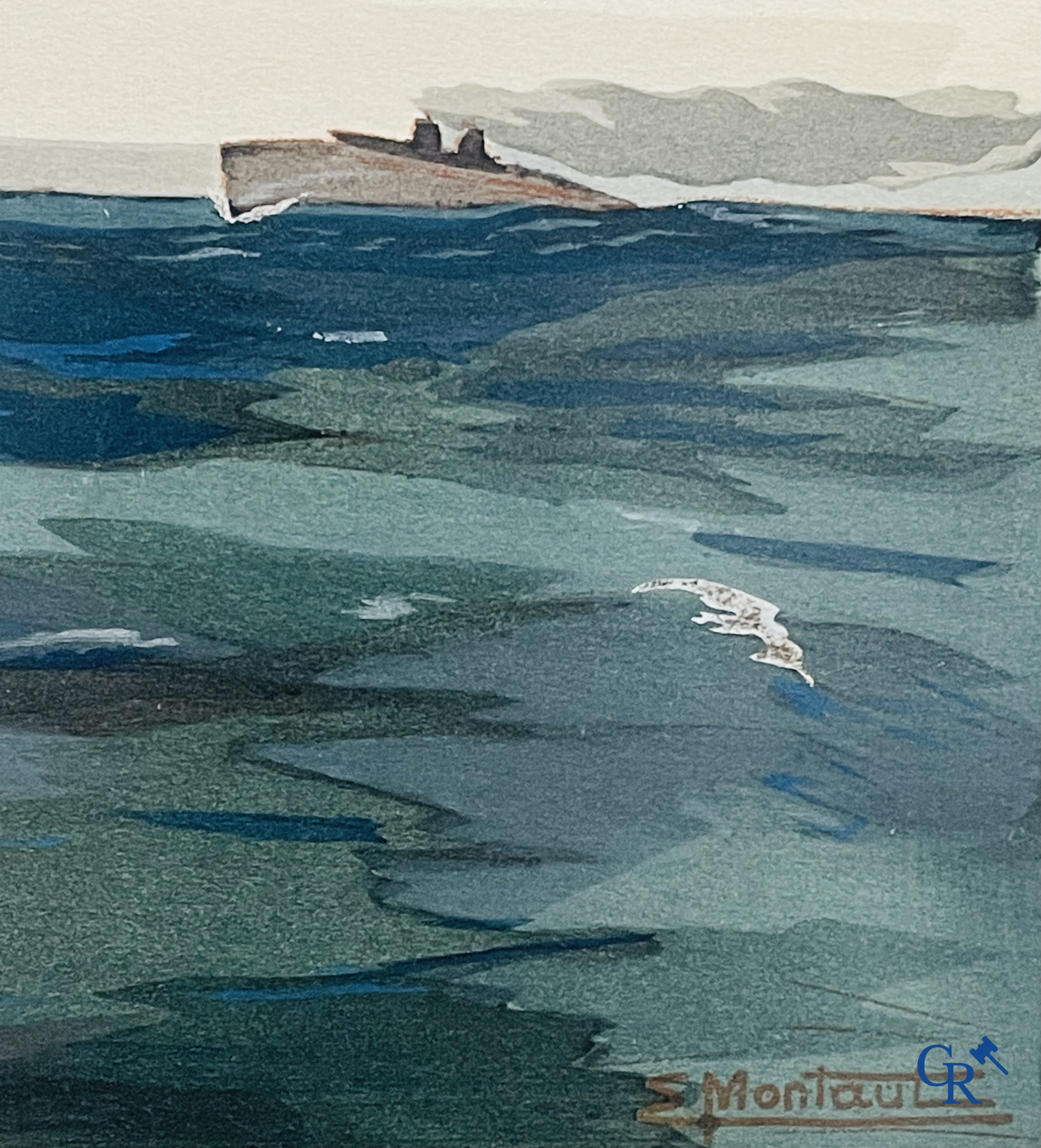 Ernest Montaut. Bleriot traversant la Manche. Colour lithography,  Montaut Mabileau, copyright 1909.