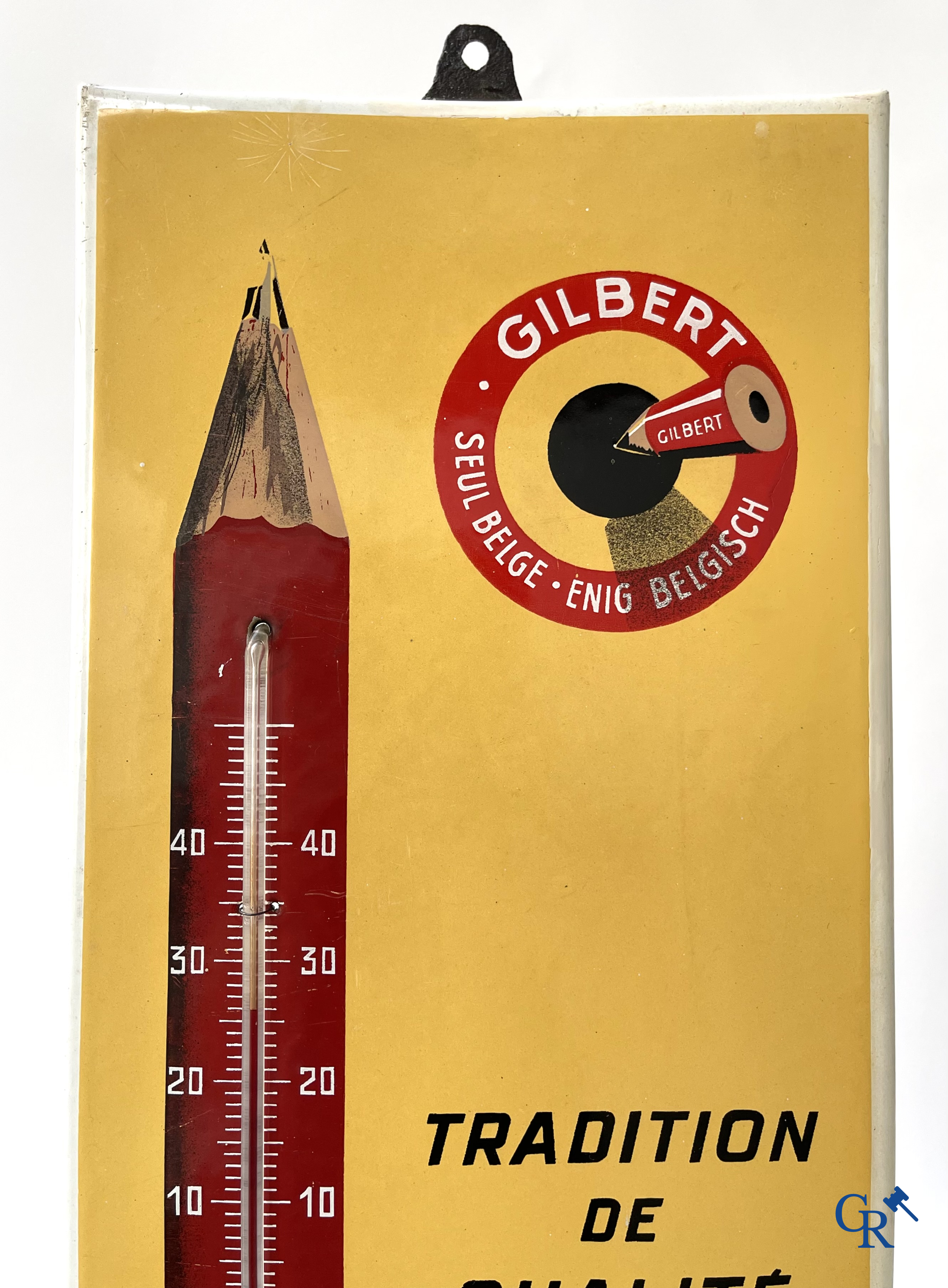 Enamel advertising sign, Publicity thermometer for pencil manufacturer Gilbert à Hastière (Namur) Foremail 1953.