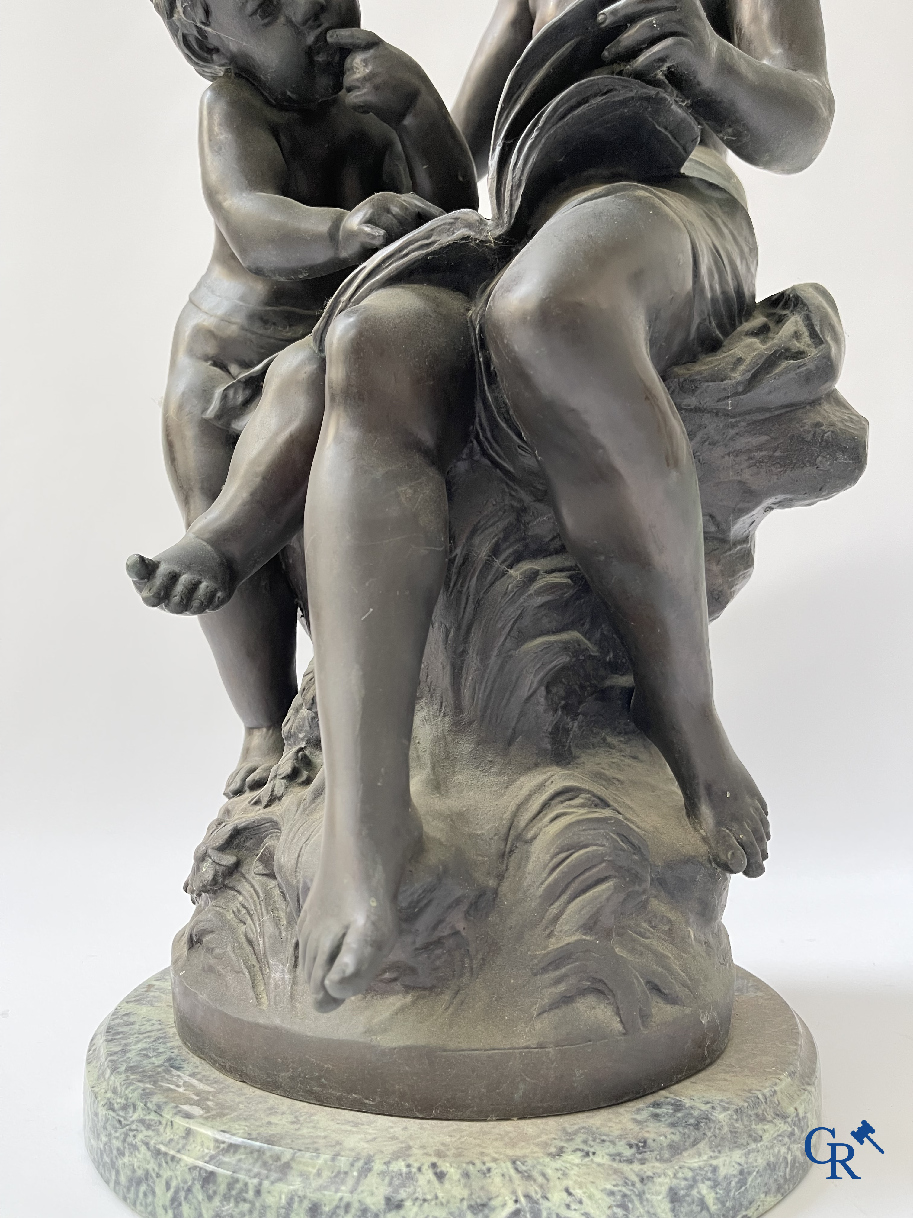 Auguste Moreau (after) Bronze statue on a green marble base. Posthumous. 20th century.