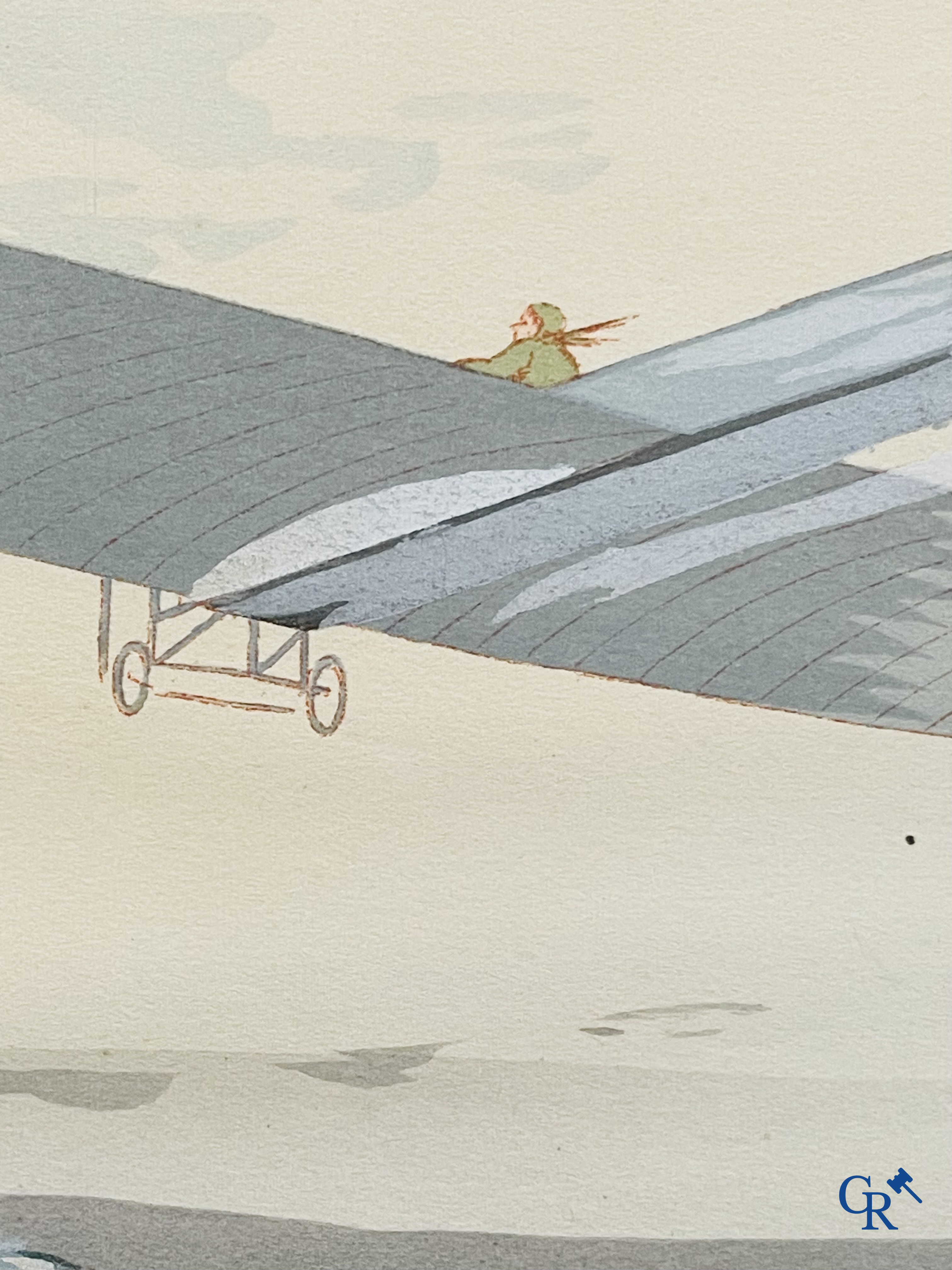 Ernest Montaut. Bleriot traversant la Manche. Colour lithography,  Montaut Mabileau, copyright 1909.