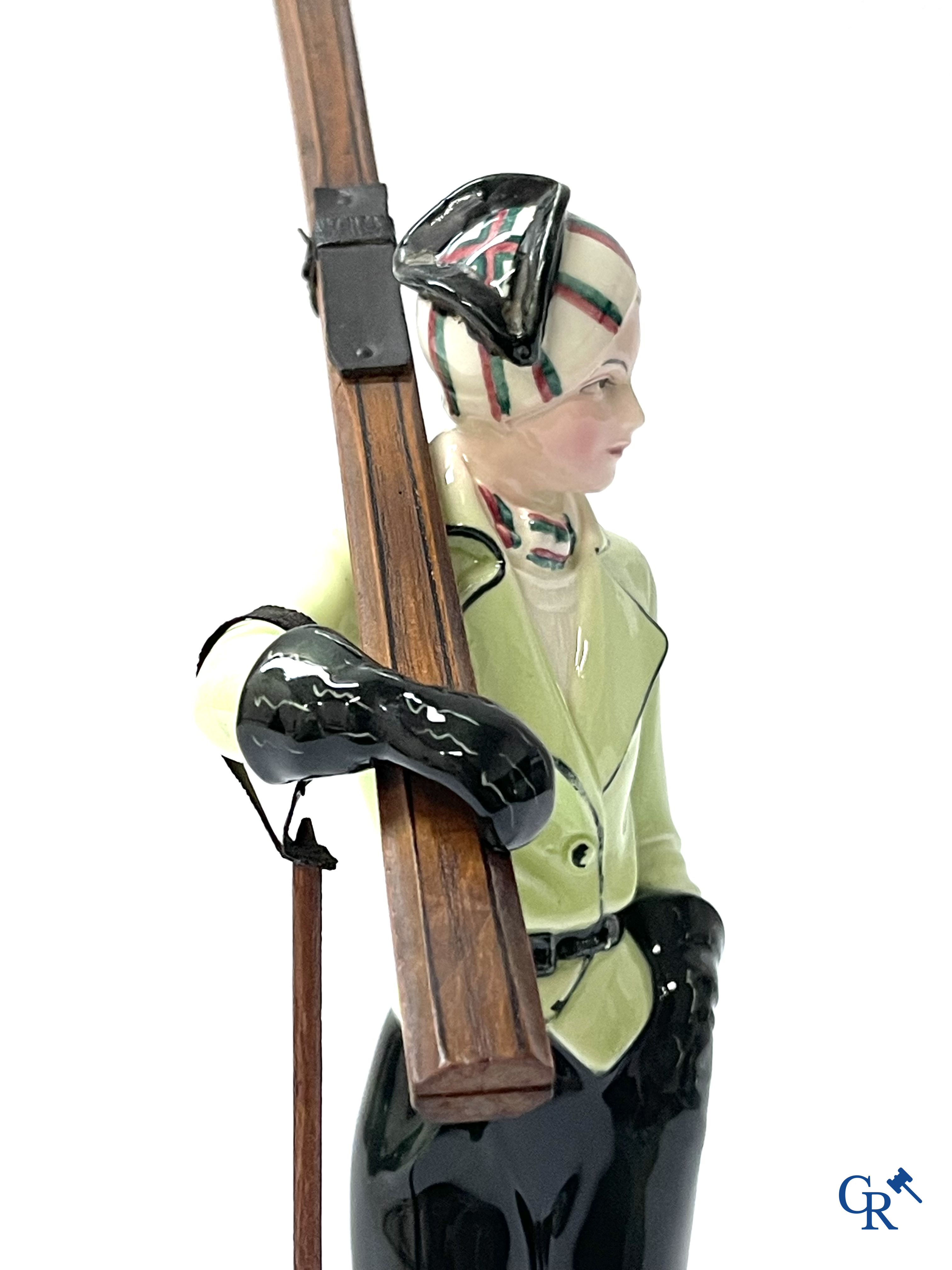 Hertwig en Company, Katzhütte, Thuringia. A skier in fine polychrome and glazed pottery. Circa 1930.