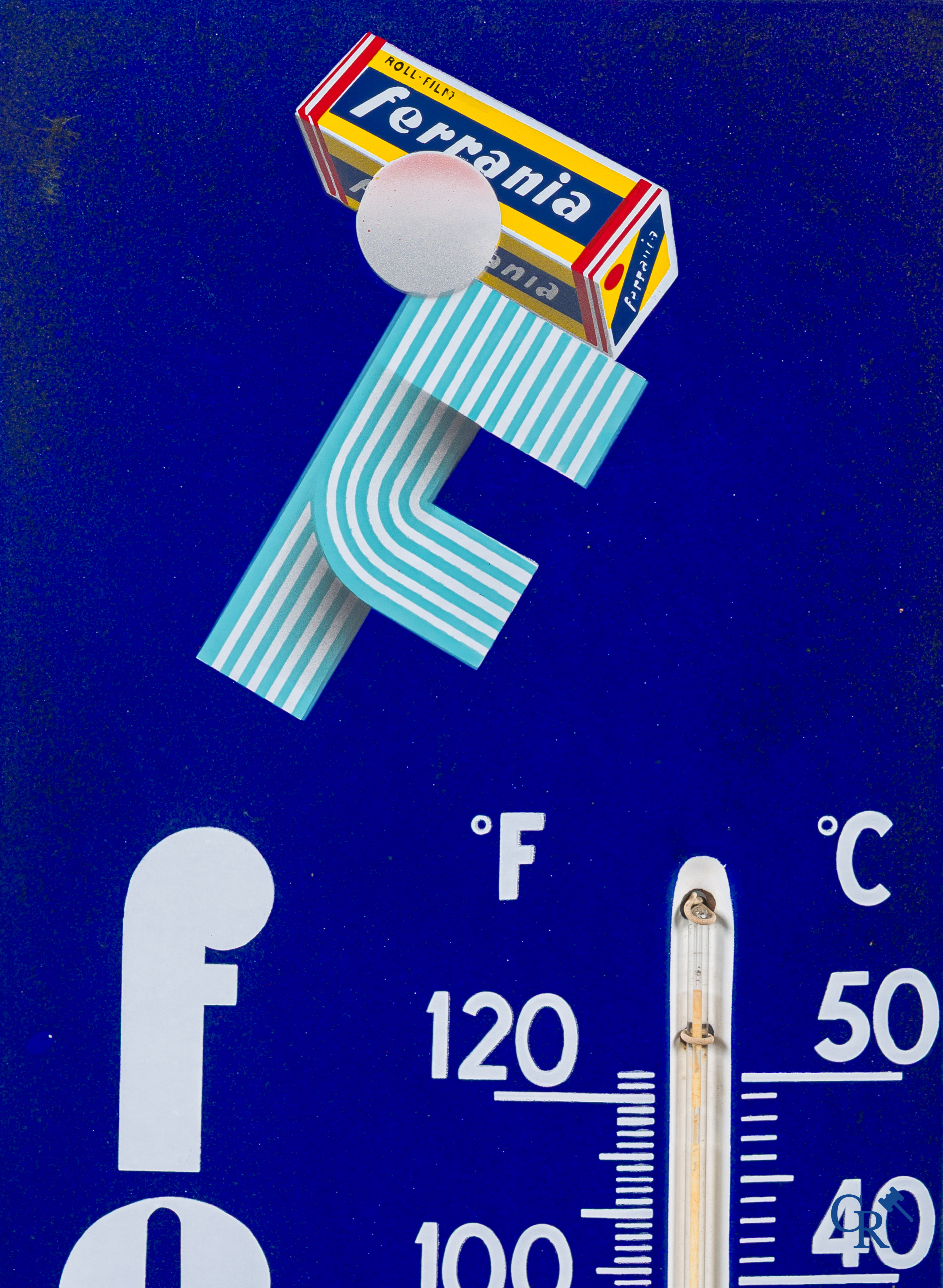 Ferrania. Large enamel advertising sign with integrated thermometer for photographic products.