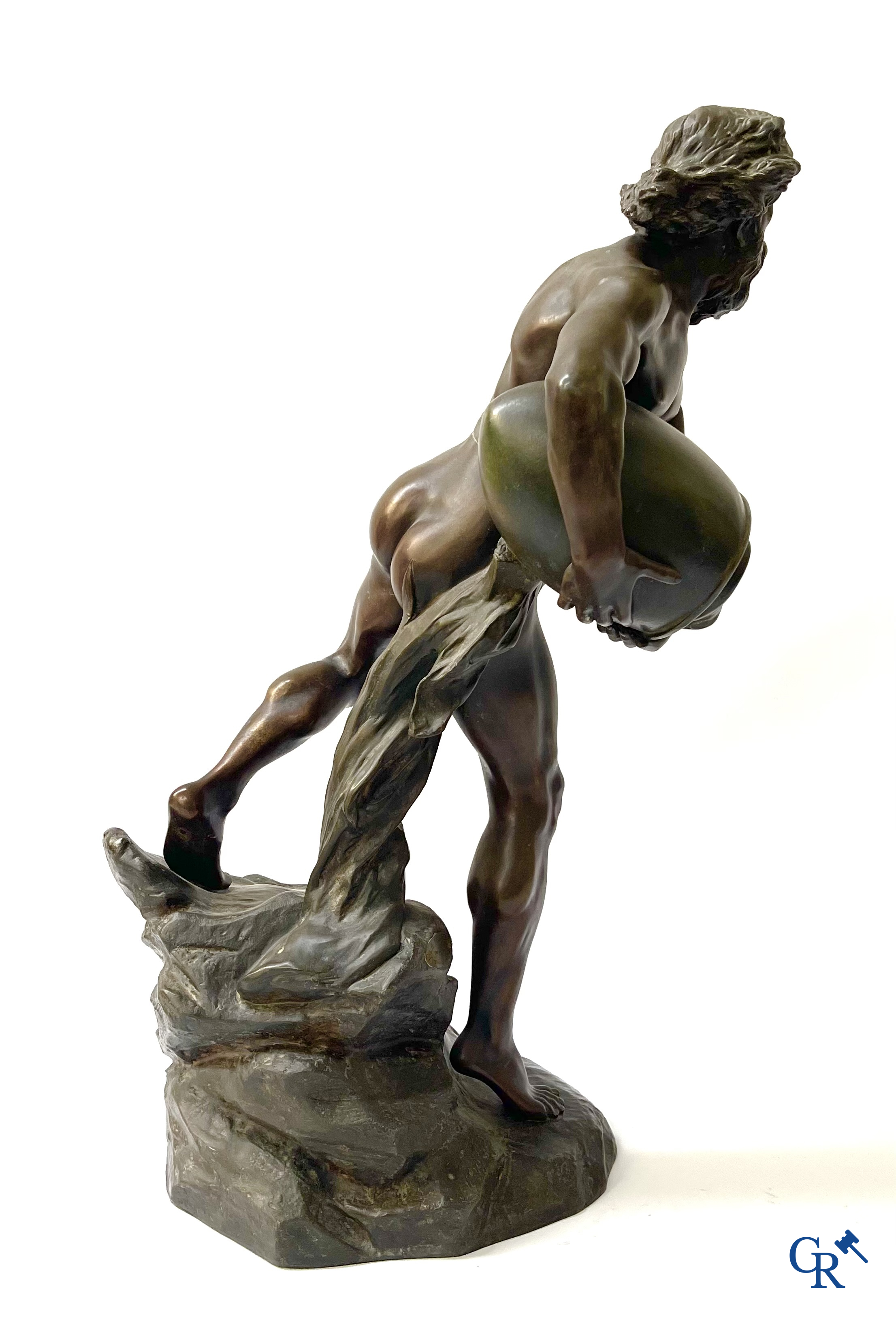 Jules Caussé (1869-1938) "Le Torrent", Salon 1904. Large statue with brown patina in spelter.