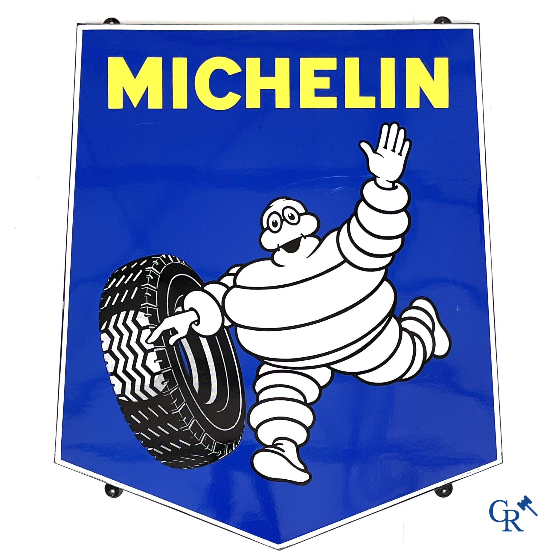 Michelin, Large enamel advertising sign of the running Bibendum with tire. Emaillerie Alsacienne Strasbourg.