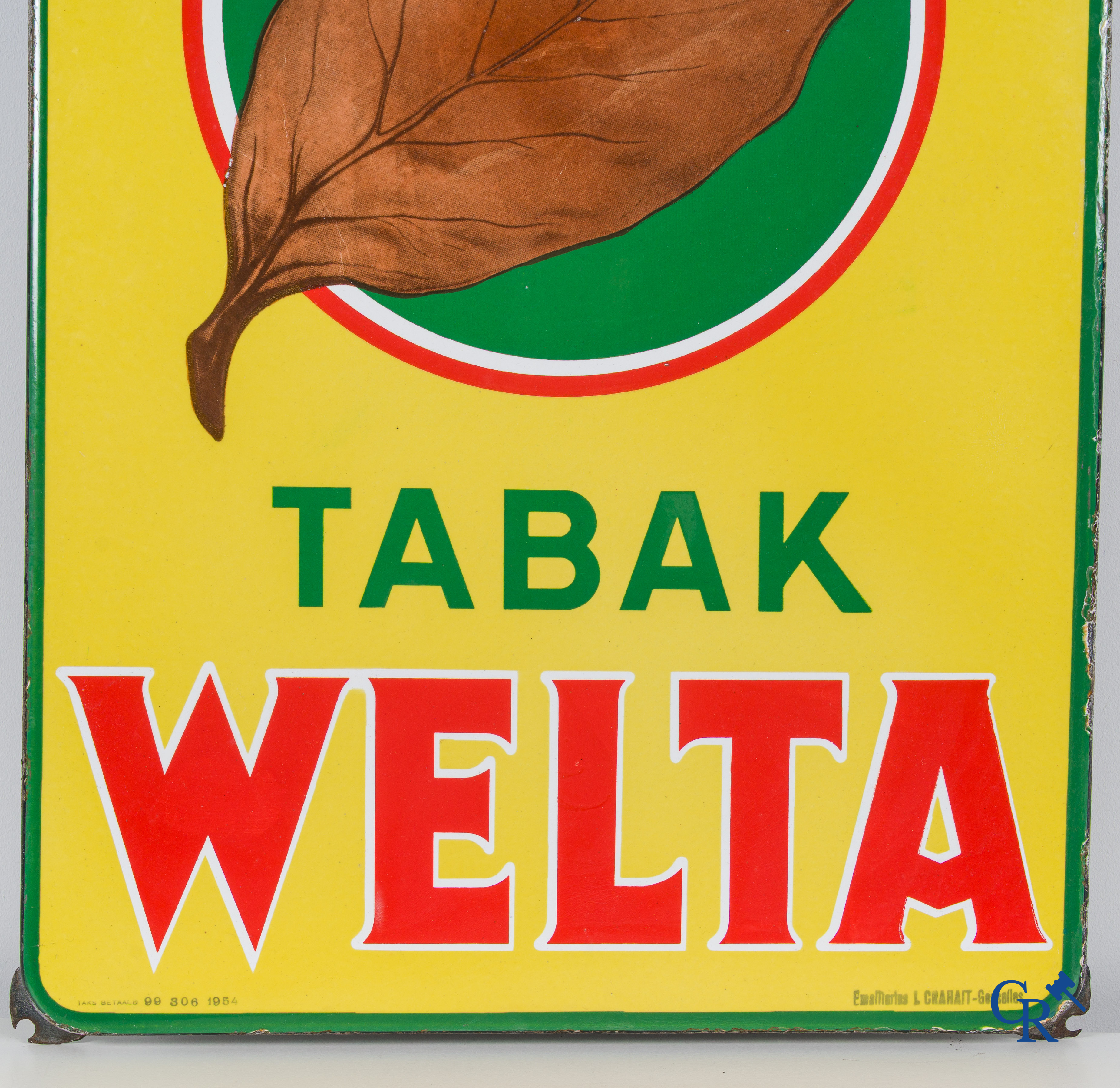 Semois Mon Tabac, Tabak Welta. A pair of enamel advertising signs for Achille Welle tobacco products. 1954.