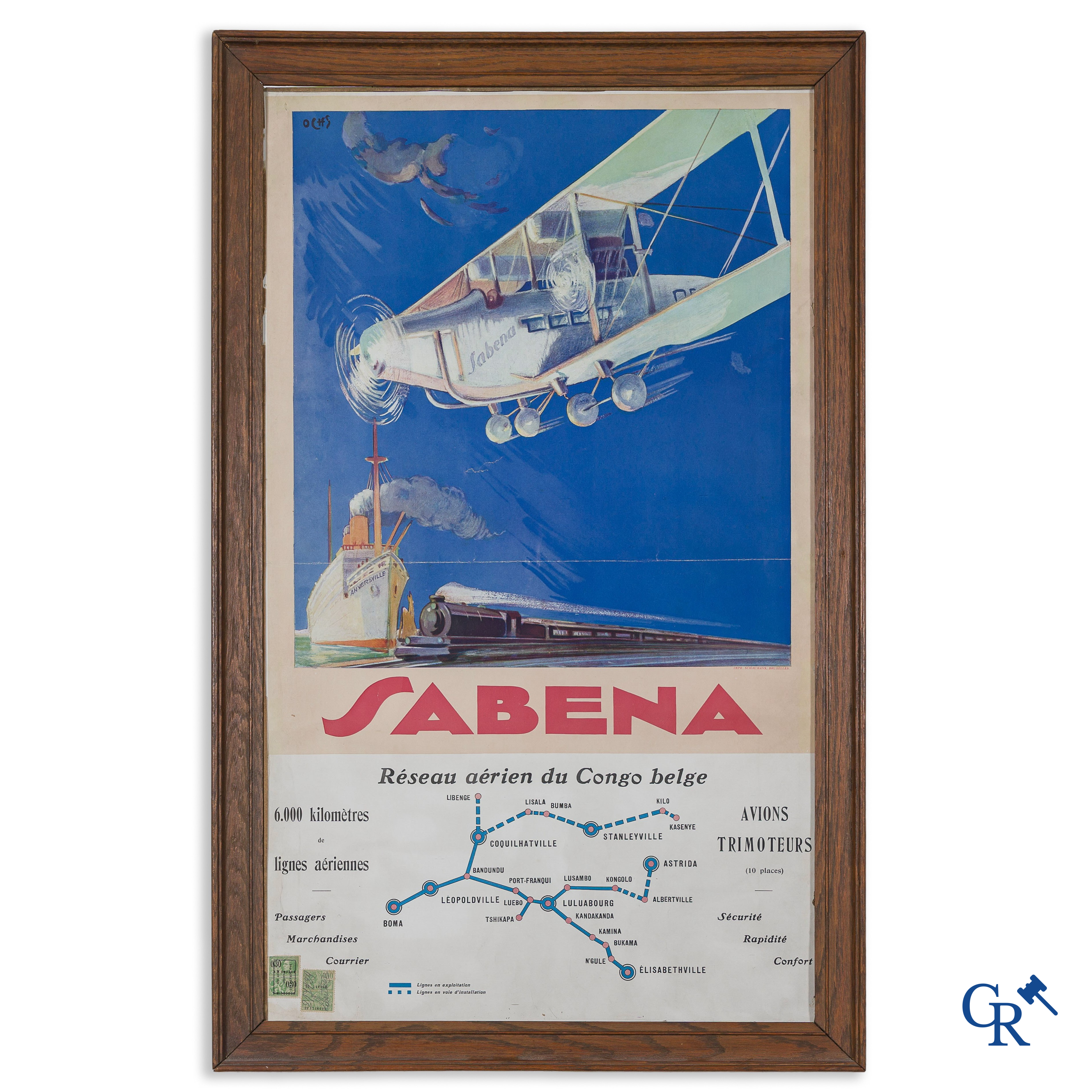 Jacques Ochs (1883-1971) Rare publicity poster for Sabena, Réseau aérien du Congo Belge. Schaumans, 1929.