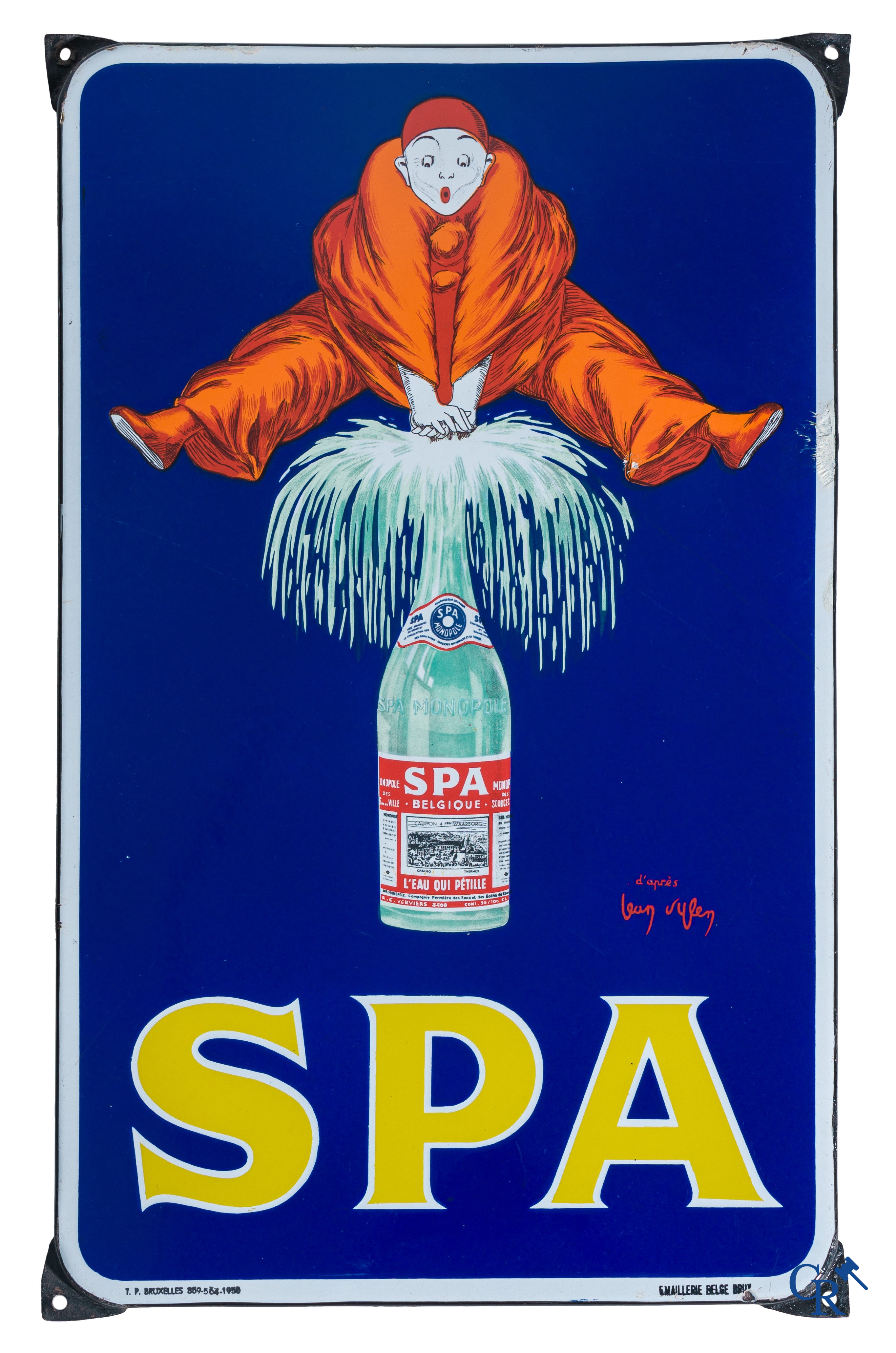 Spa, enamel advertising sign with Pierrot designed by Jean d 'Ylen. Emaillerie Belge Bruxelles 1956.