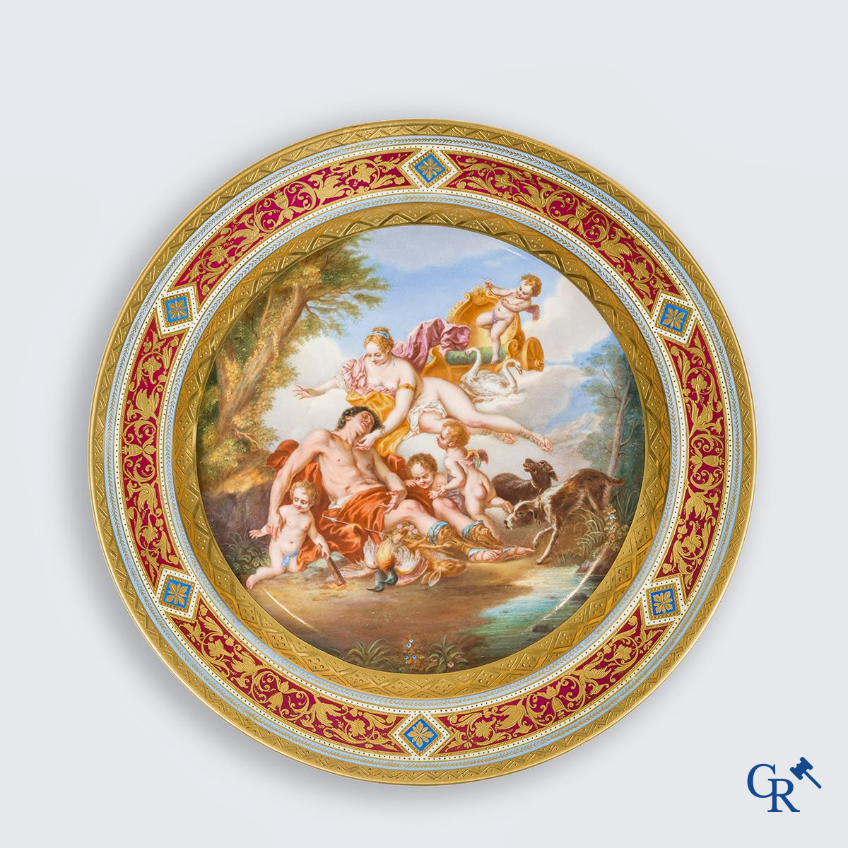 Royal Vienna Porcelain Manufactory: Large dish depicting the death of Adonis. 19th century.